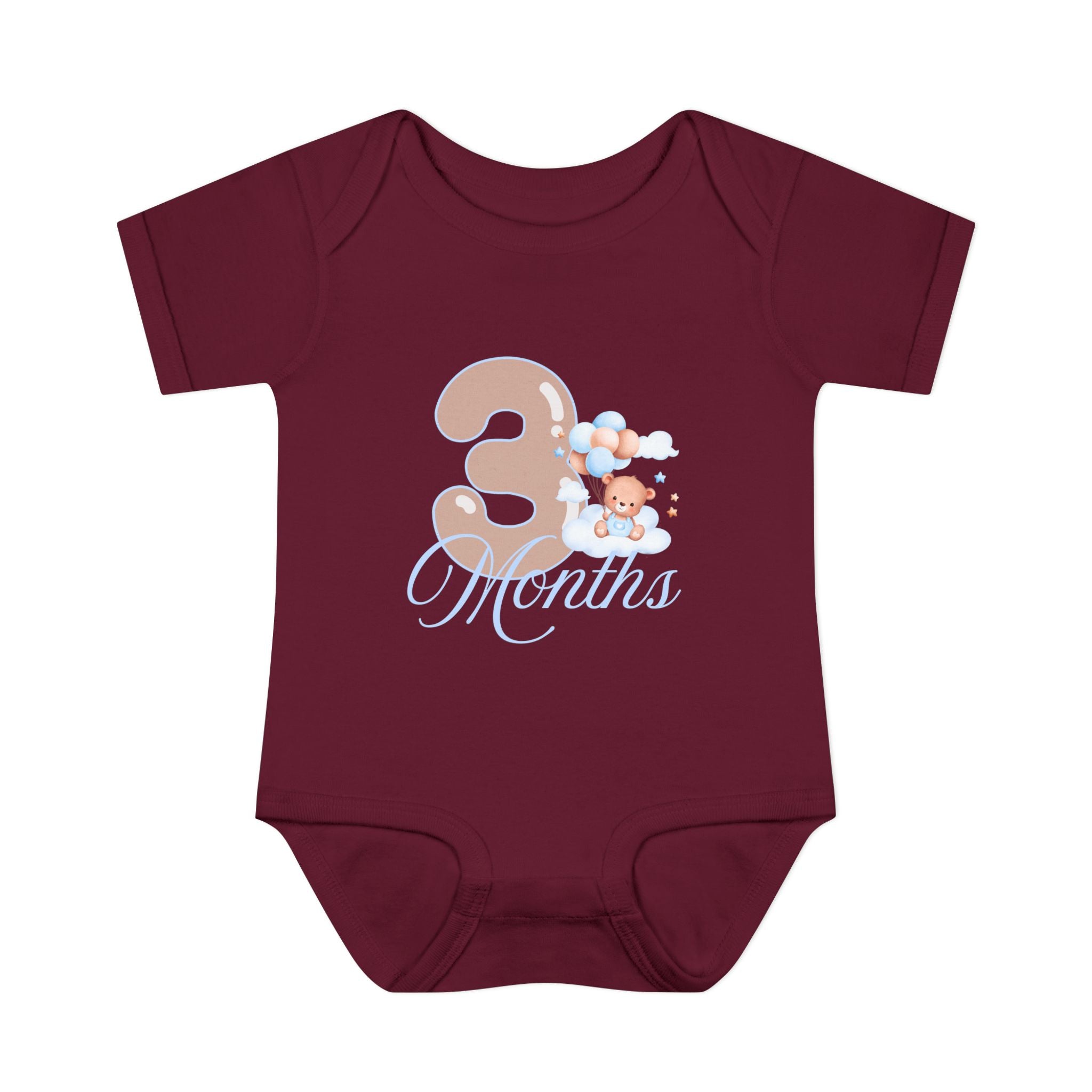 Bear & Balloons Milestone | Three Month Blue | Baby Onesie