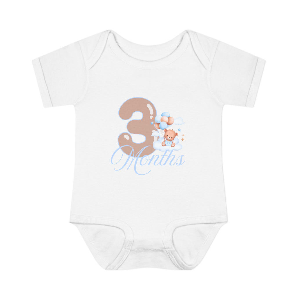 Bear & Balloons Milestone | Three Month Blue | Baby Onesie