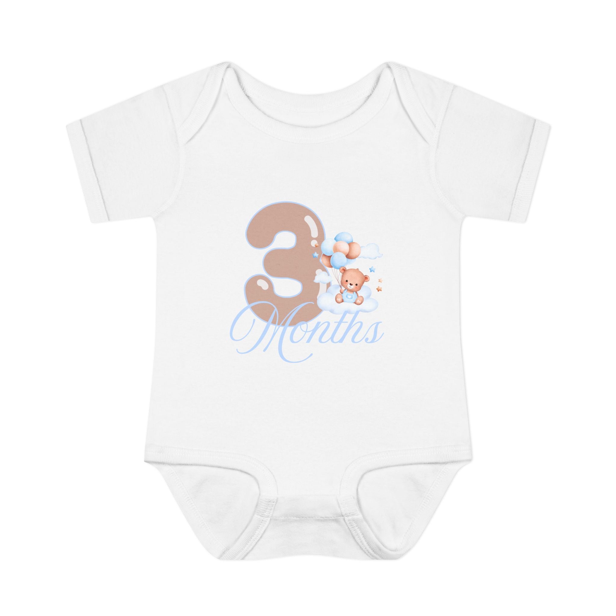 Bear & Balloons Milestone | Three Month Blue | Baby Onesie