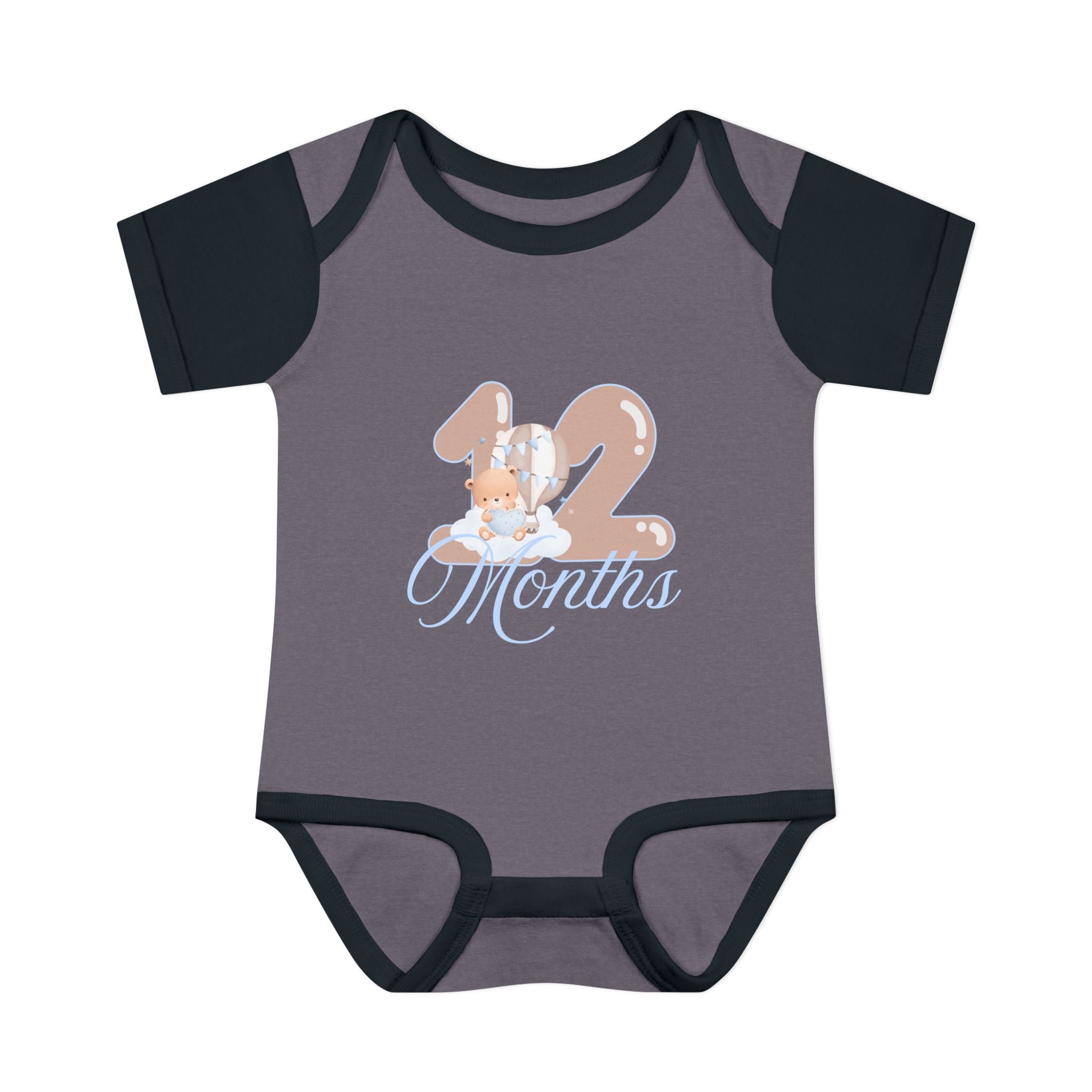 Bear & Balloons Milestone | Twelve Month Blue | Baby Onesie