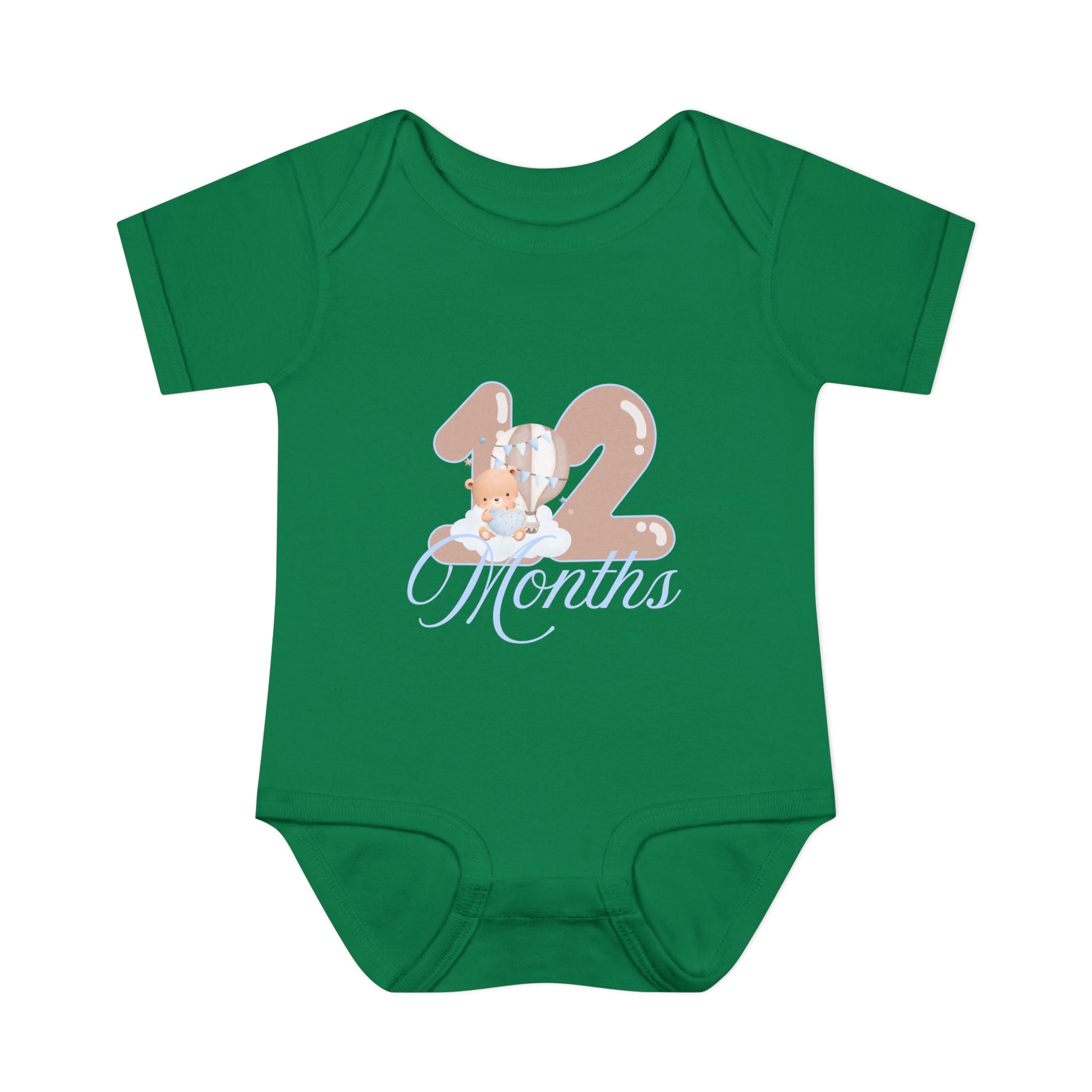 Bear & Balloons Milestone | Twelve Month Blue | Baby Onesie