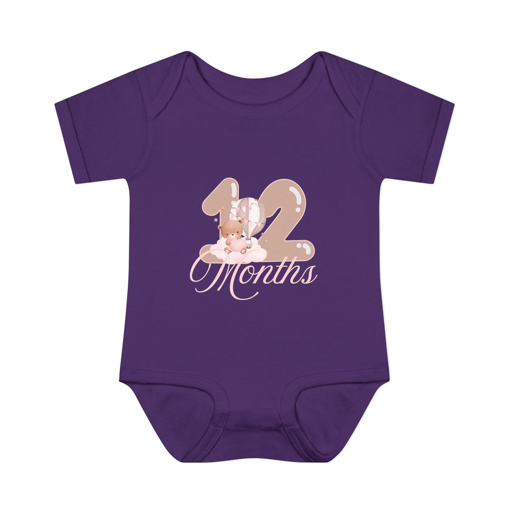 Bear & Balloons Milestone | Twelve Month Pink | Baby Onesie