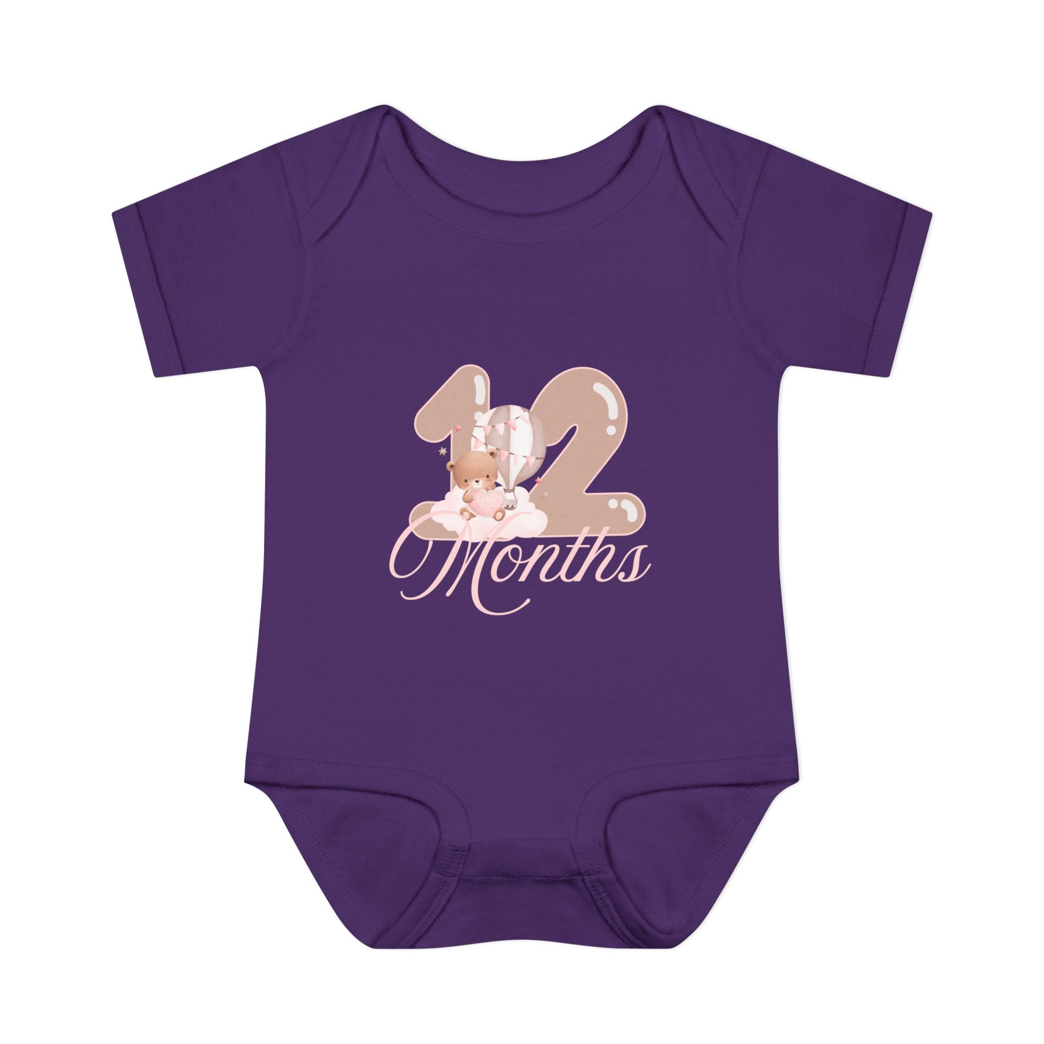 Bear & Balloons Milestone | Twelve Month Pink | Baby Onesie
