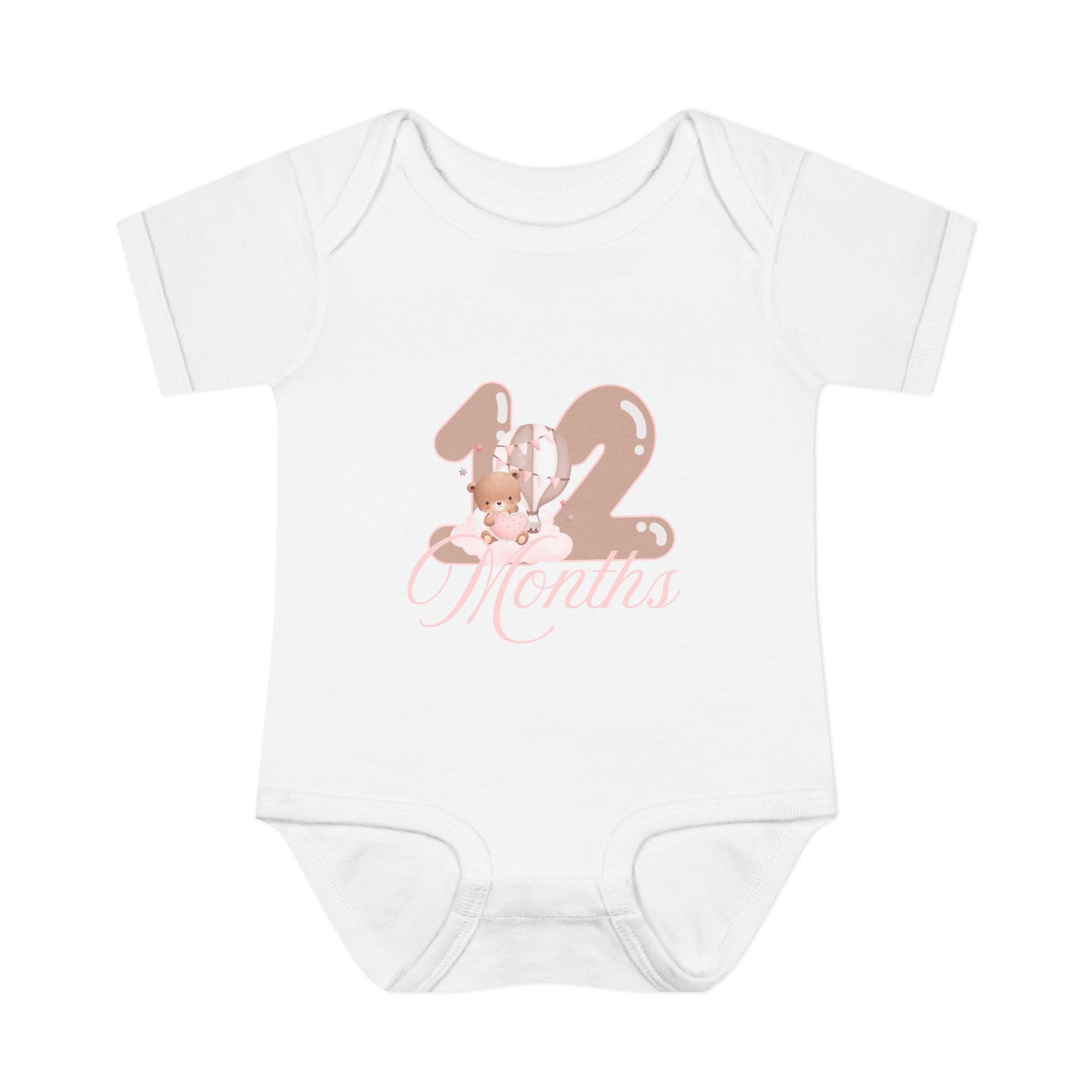Bear & Balloons Milestone | Twelve Month Pink | Baby Onesie