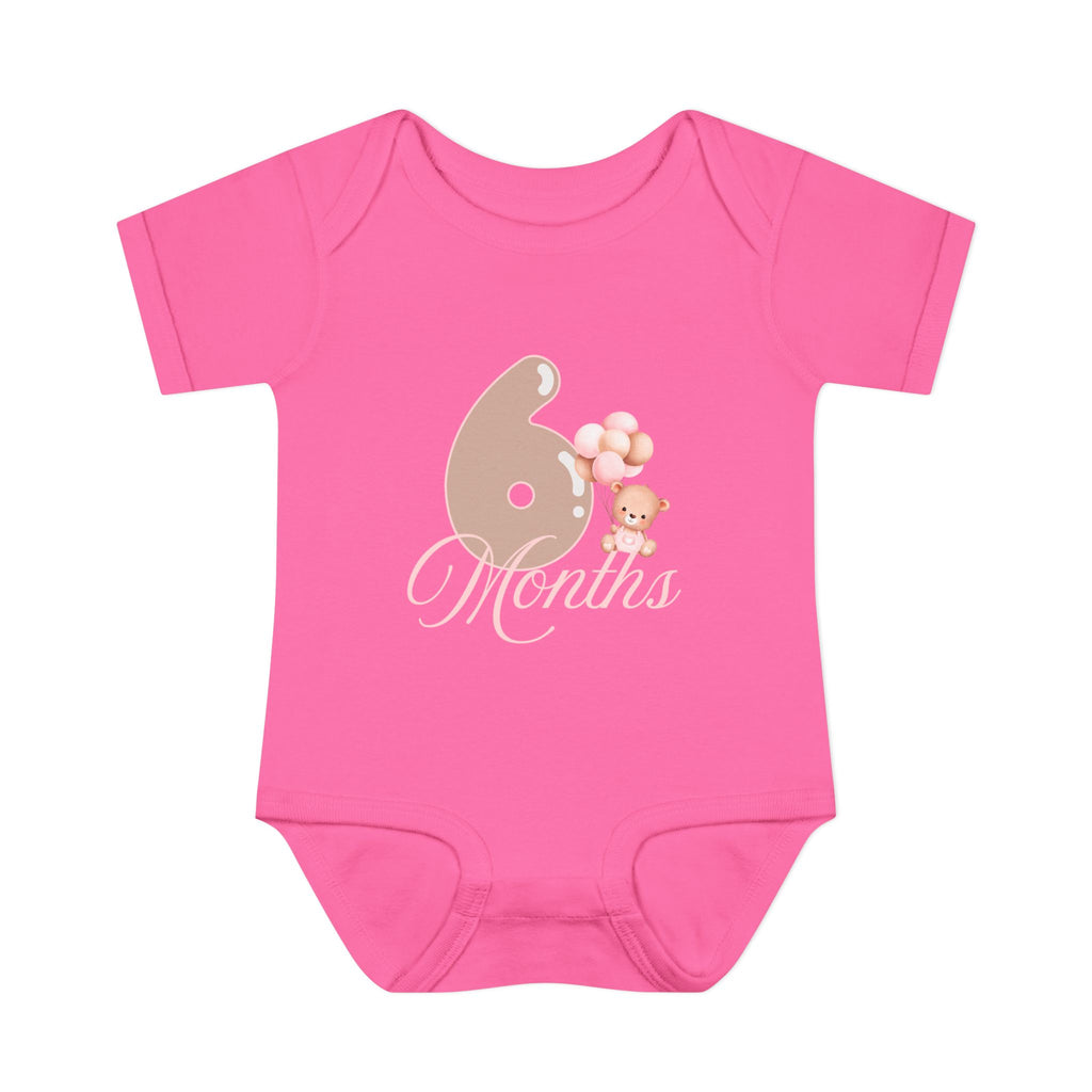 Bear & Balloons Milestone | Six Month Pink | Baby Onesie