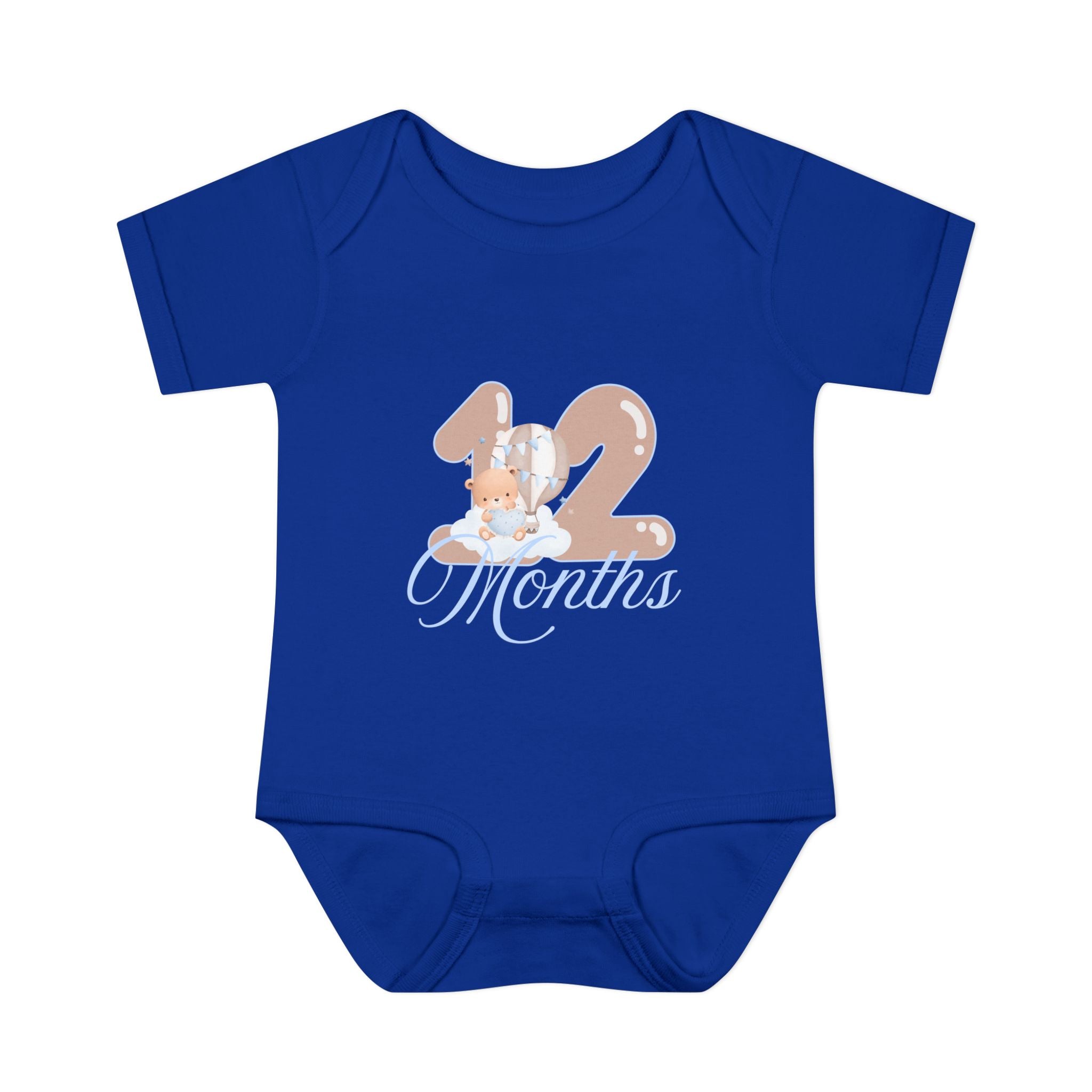Bear & Balloons Milestone | Twelve Month Blue | Baby Onesie