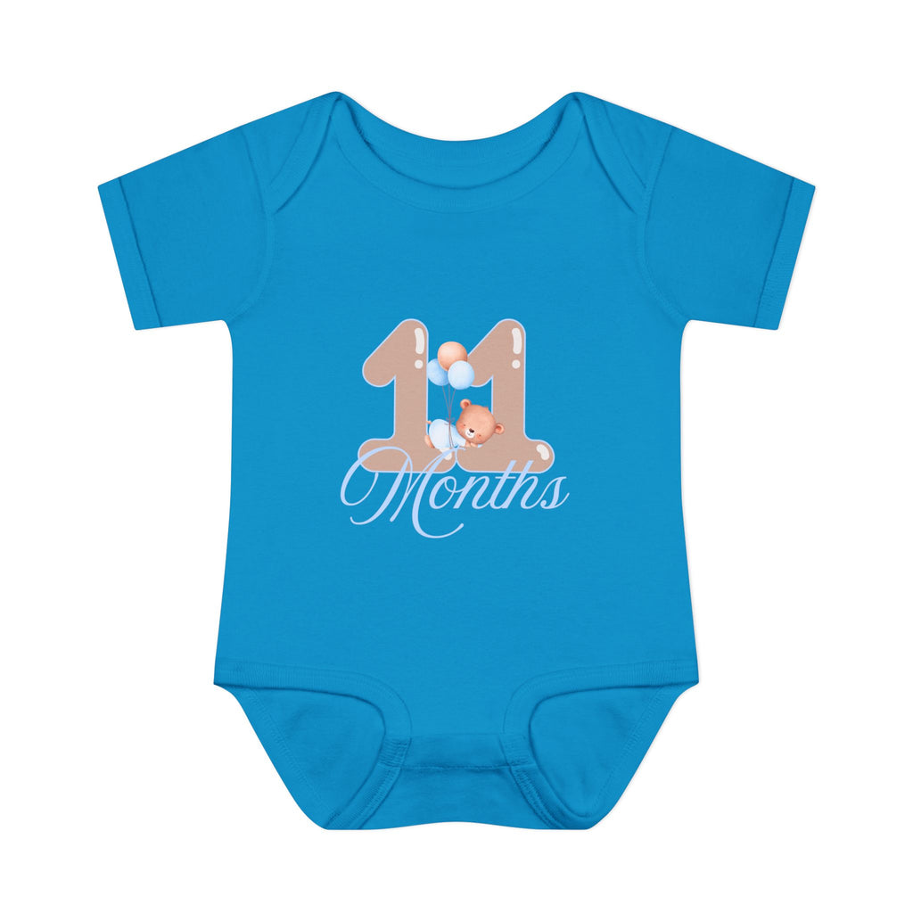 Bear & Balloons Milestone | Eleven Month Blue | Baby Onesie