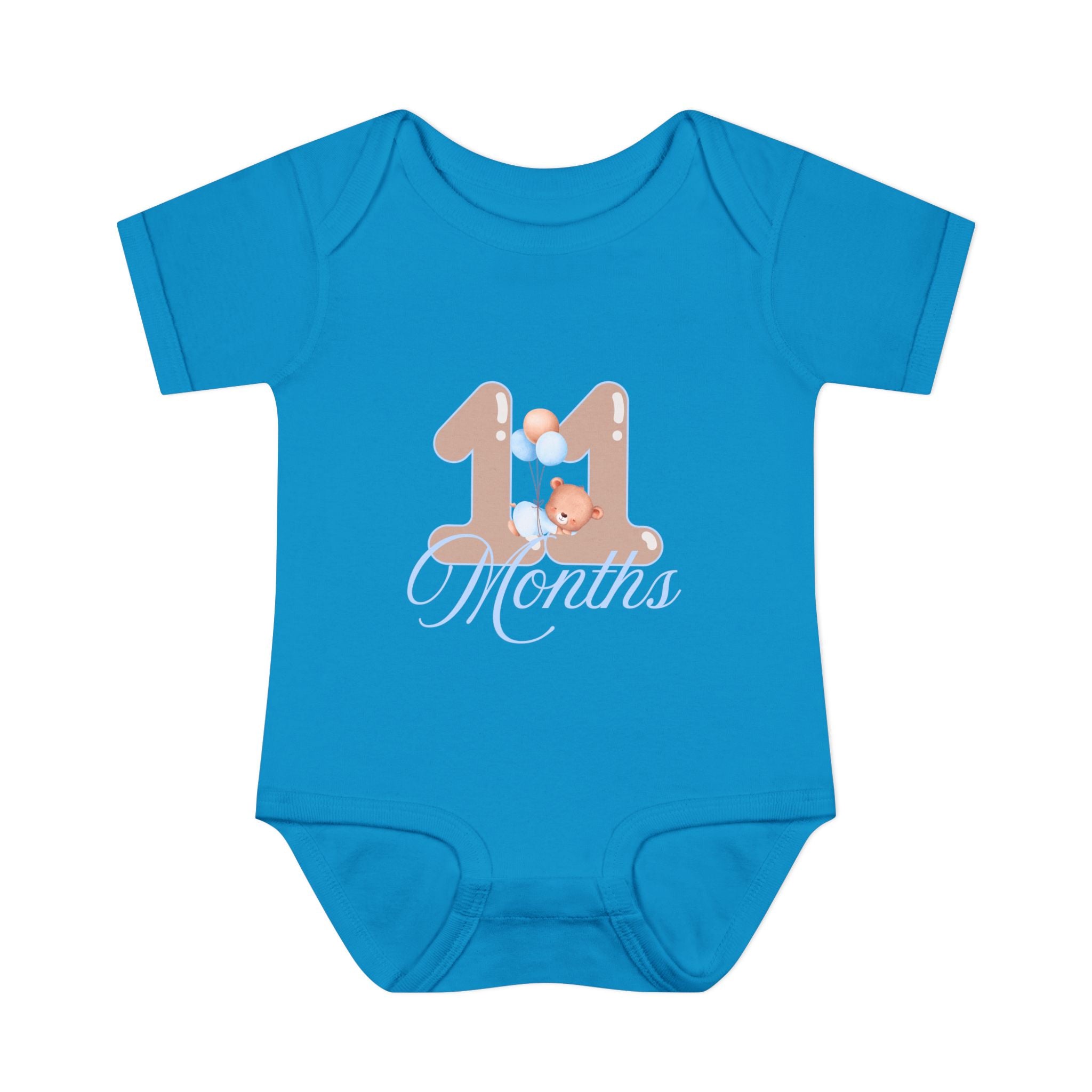 Bear & Balloons Milestone | Eleven Month Blue | Baby Onesie