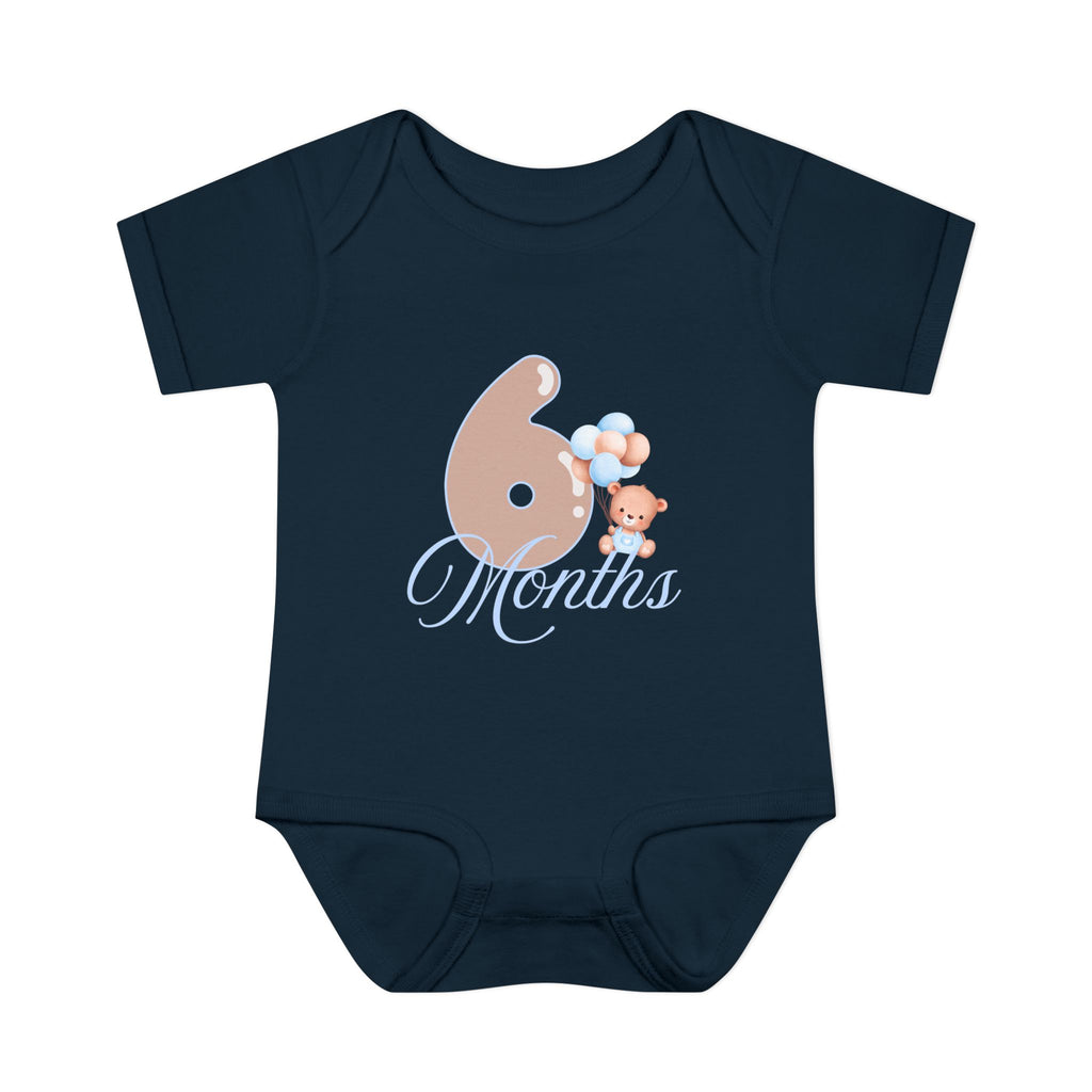Bear & Balloons Milestone | Six Month Blue | Baby Onesie
