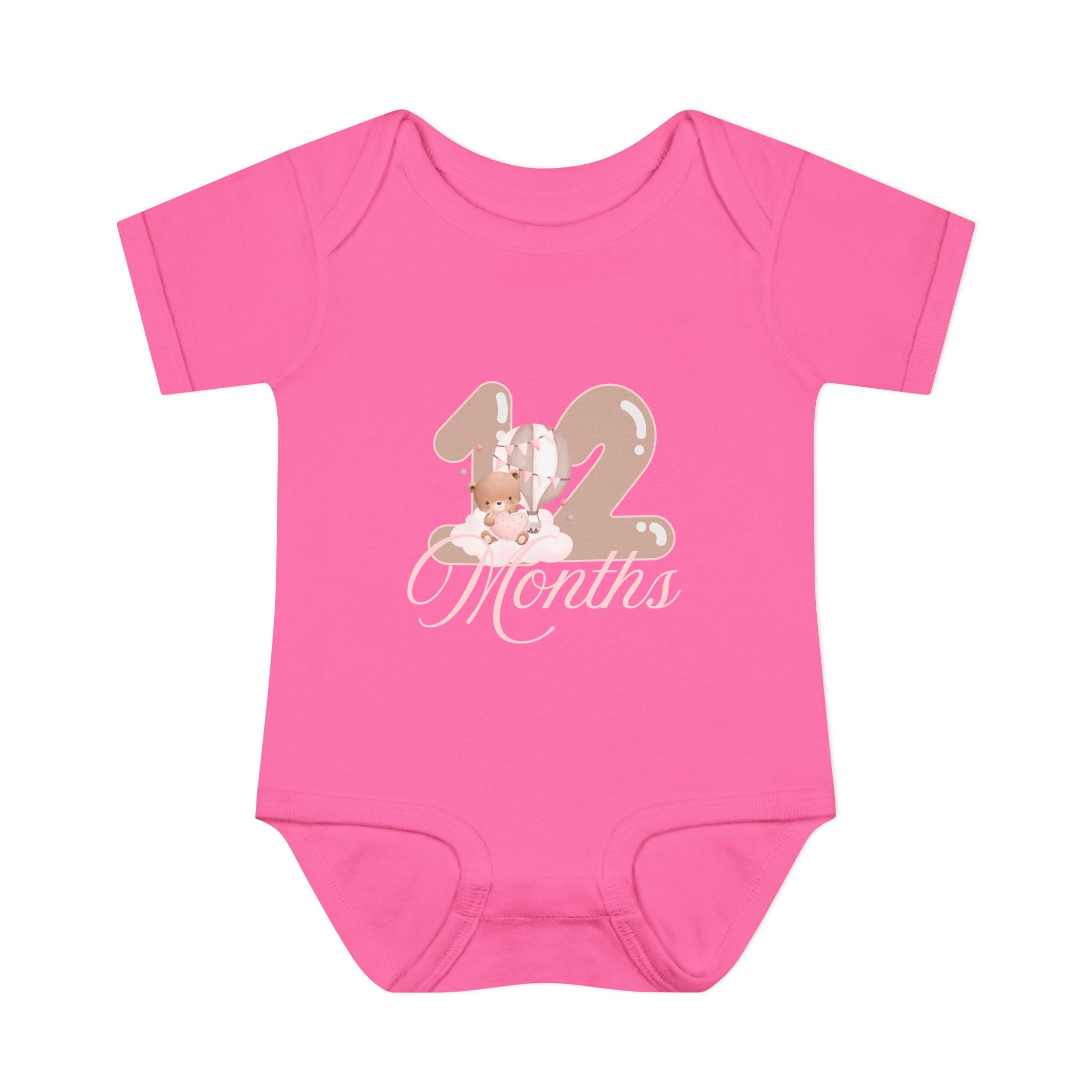 Bear & Balloons Milestone | Twelve Month Pink | Baby Onesie