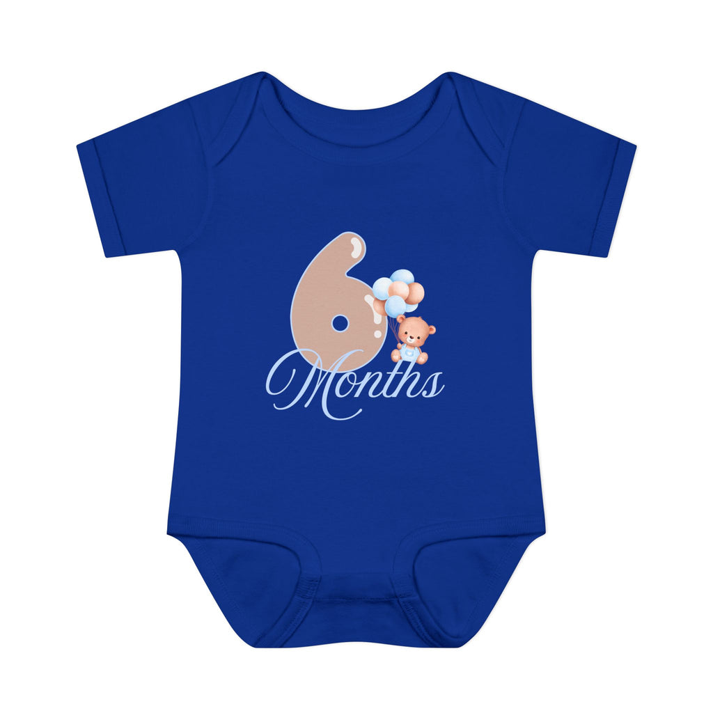 Bear & Balloons Milestone | Six Month Blue | Baby Onesie