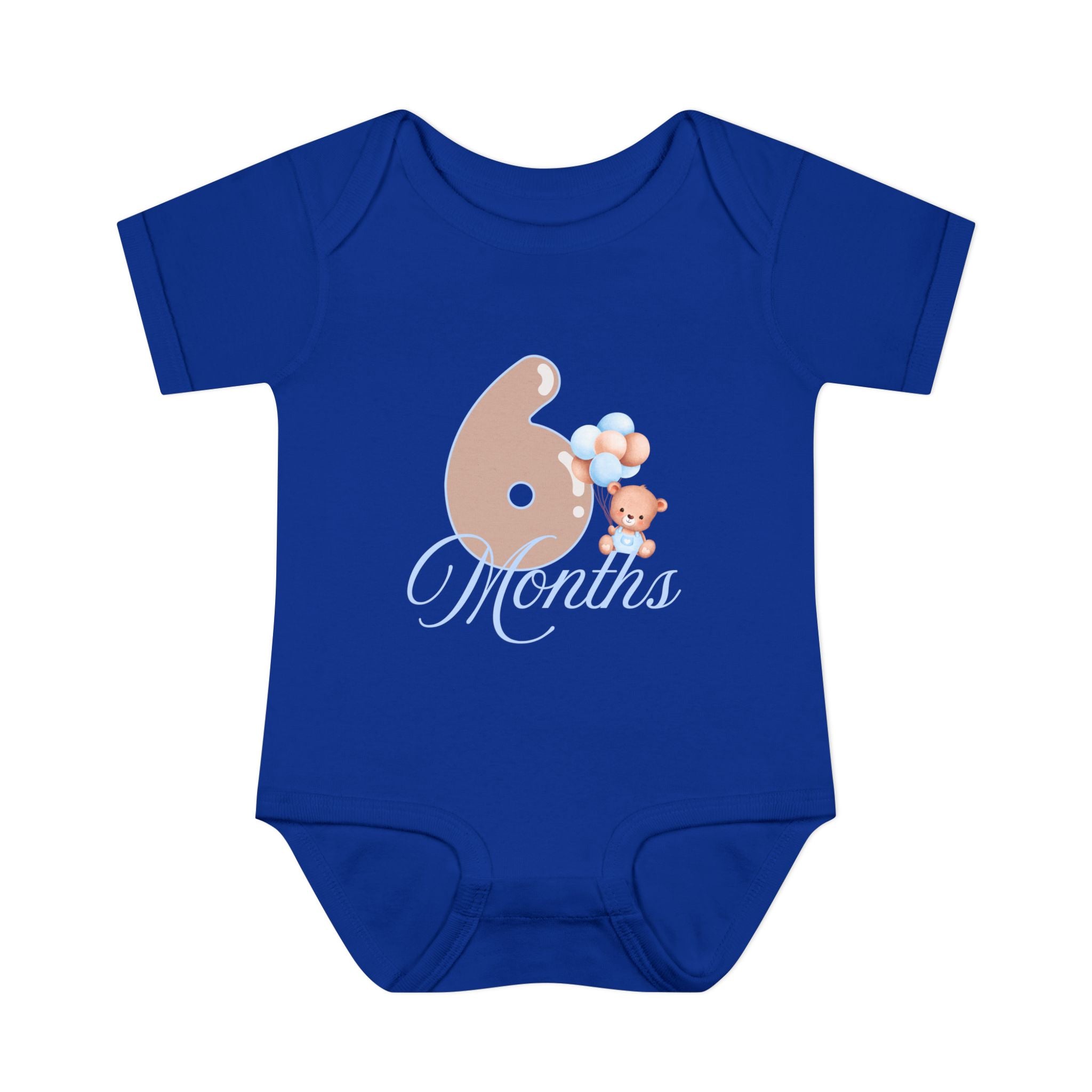 Bear & Balloons Milestone | Six Month Blue | Baby Onesie