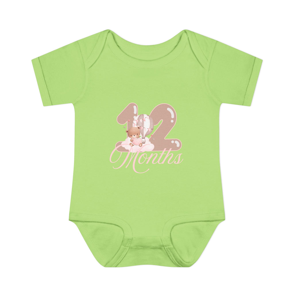 Bear & Balloons Milestone | Twelve Month Pink | Baby Onesie