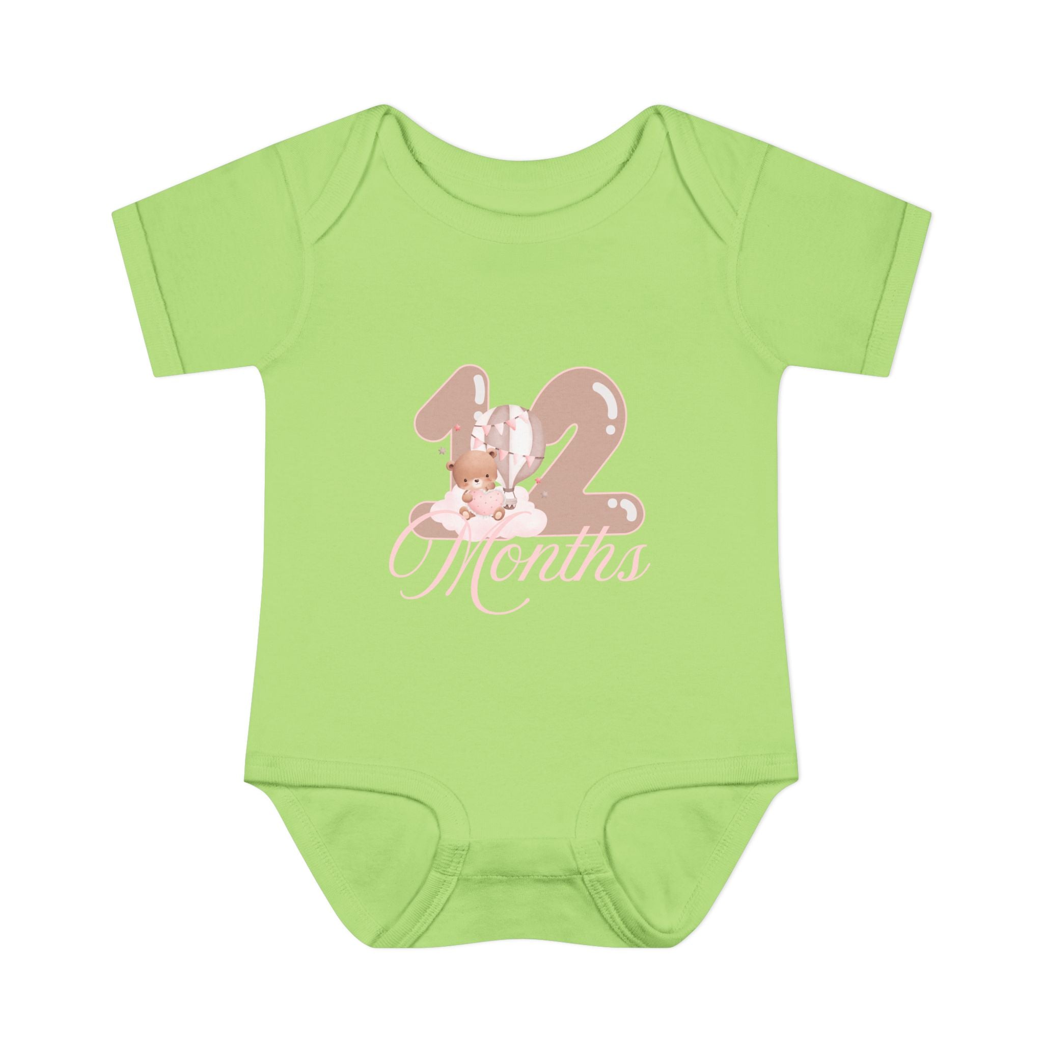 Bear & Balloons Milestone | Twelve Month Pink | Baby Onesie