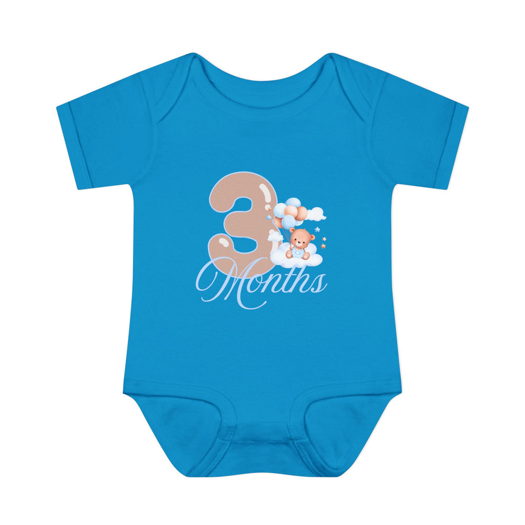 Bear & Balloons Milestone | Three Month Blue | Baby Onesie