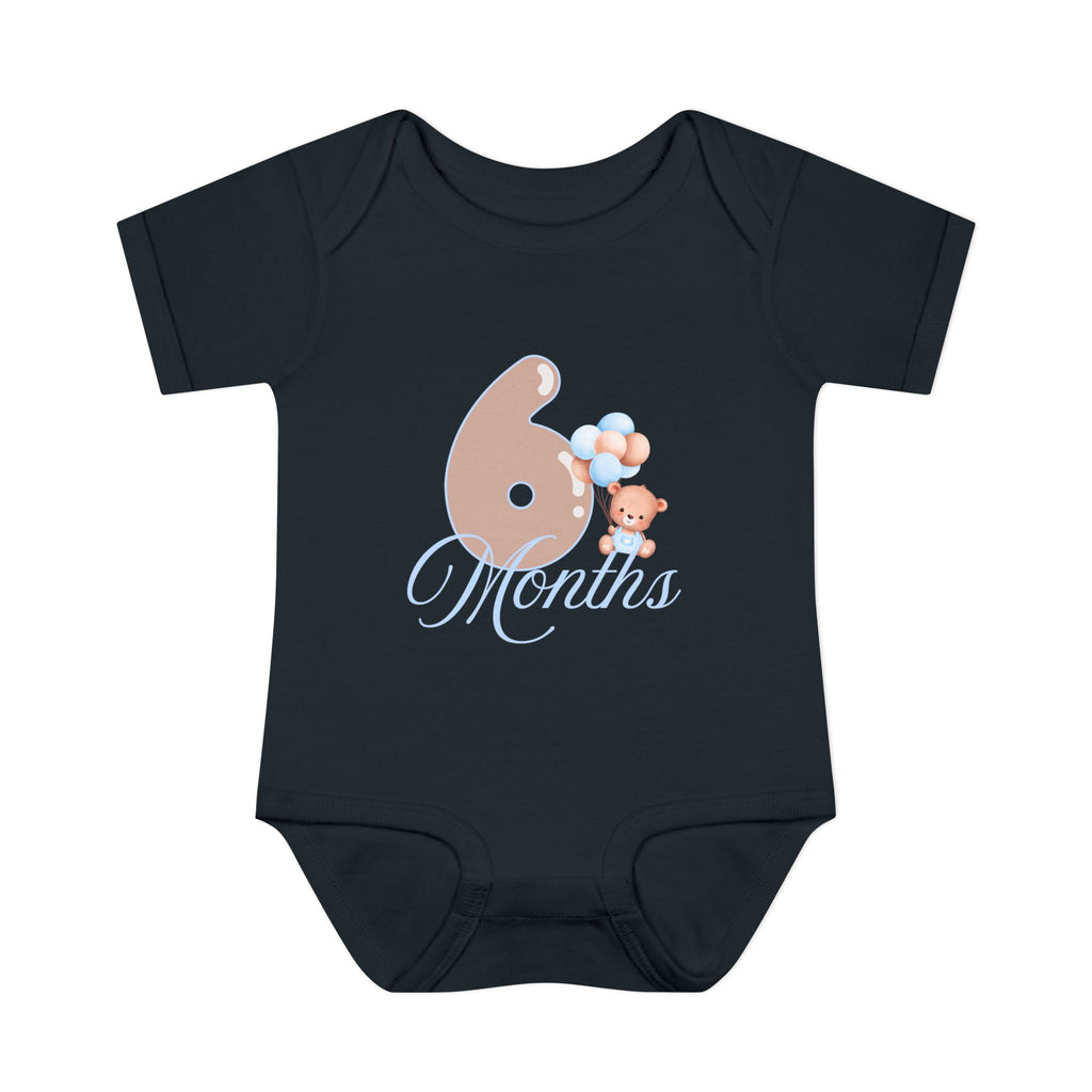 Bear & Balloons Milestone | Six Month Blue | Baby Onesie