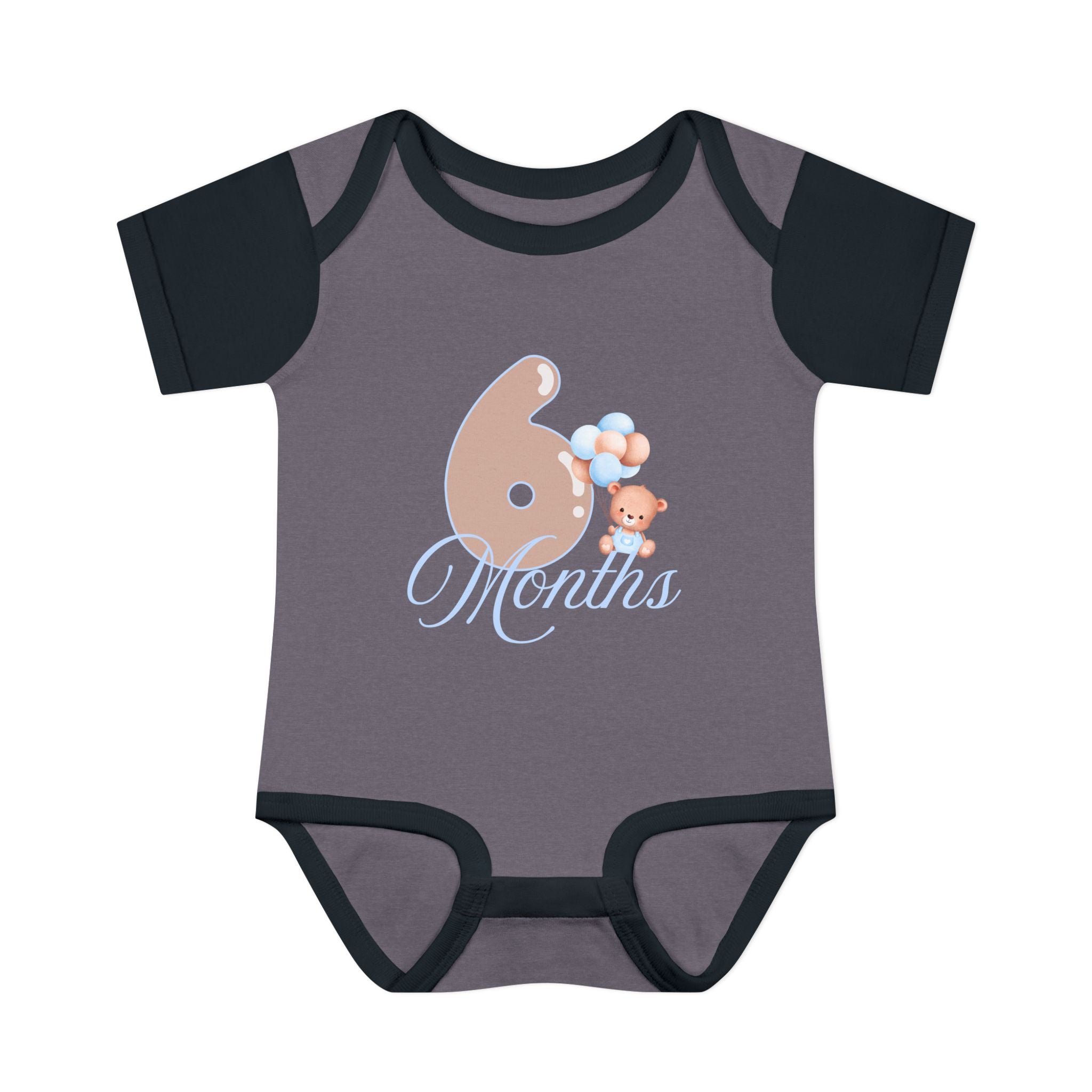 Bear & Balloons Milestone | Six Month Blue | Baby Onesie