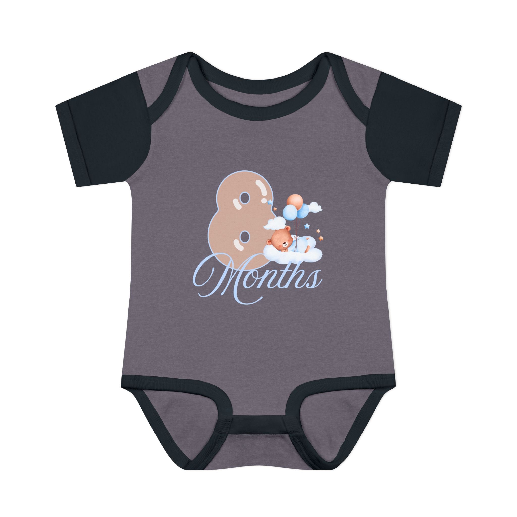Bear & Balloons Milestone | Eight Month Blue | Baby Onesie