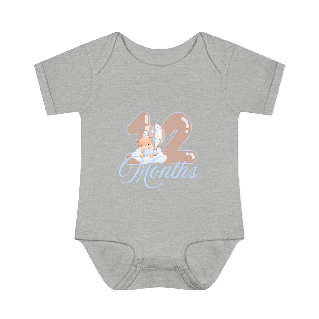 Bear & Balloons Milestone | Twelve Month Blue | Baby Onesie