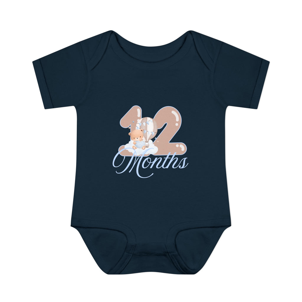 Bear & Balloons Milestone | Twelve Month Blue | Baby Onesie