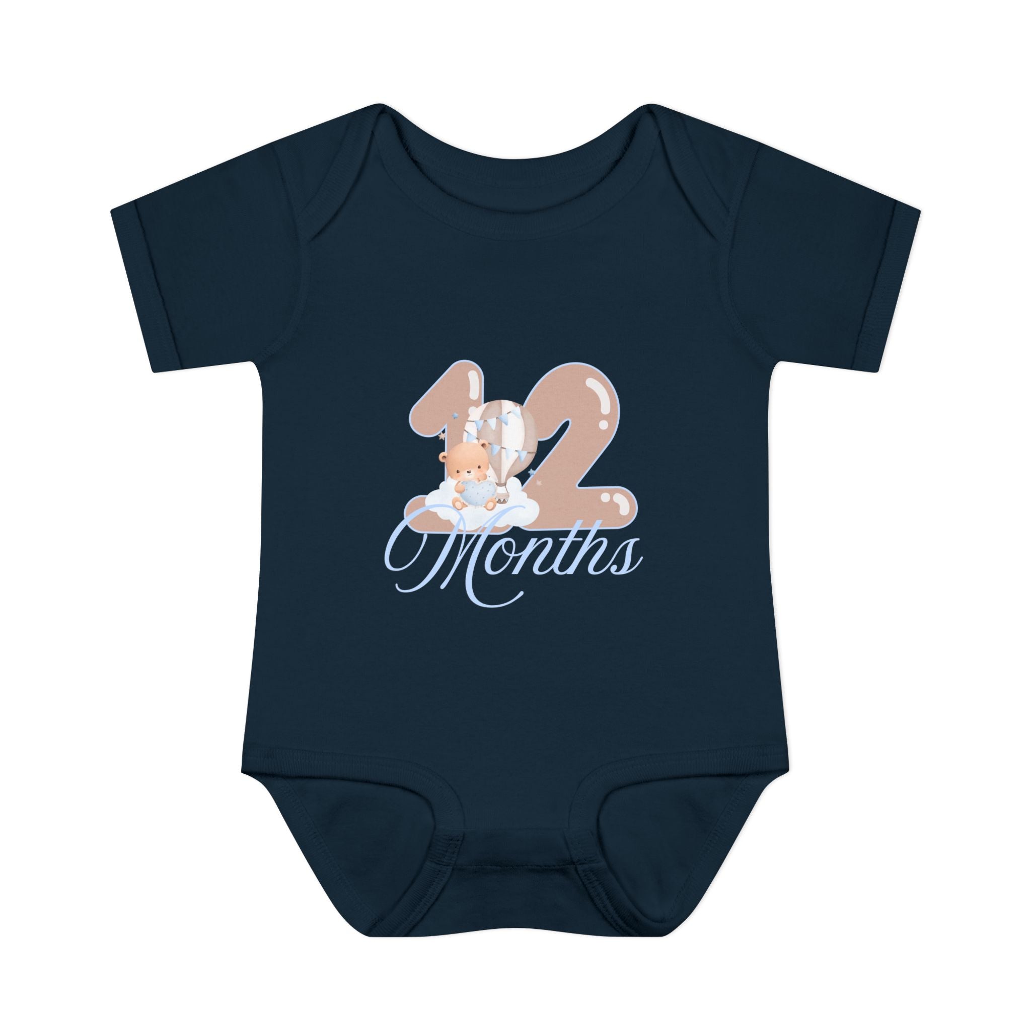 Bear & Balloons Milestone | Twelve Month Blue | Baby Onesie