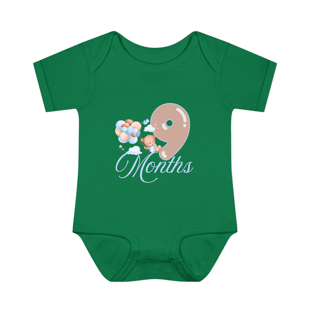 Bear & Balloons Milestone | Nine Month Blue | Baby Onesie