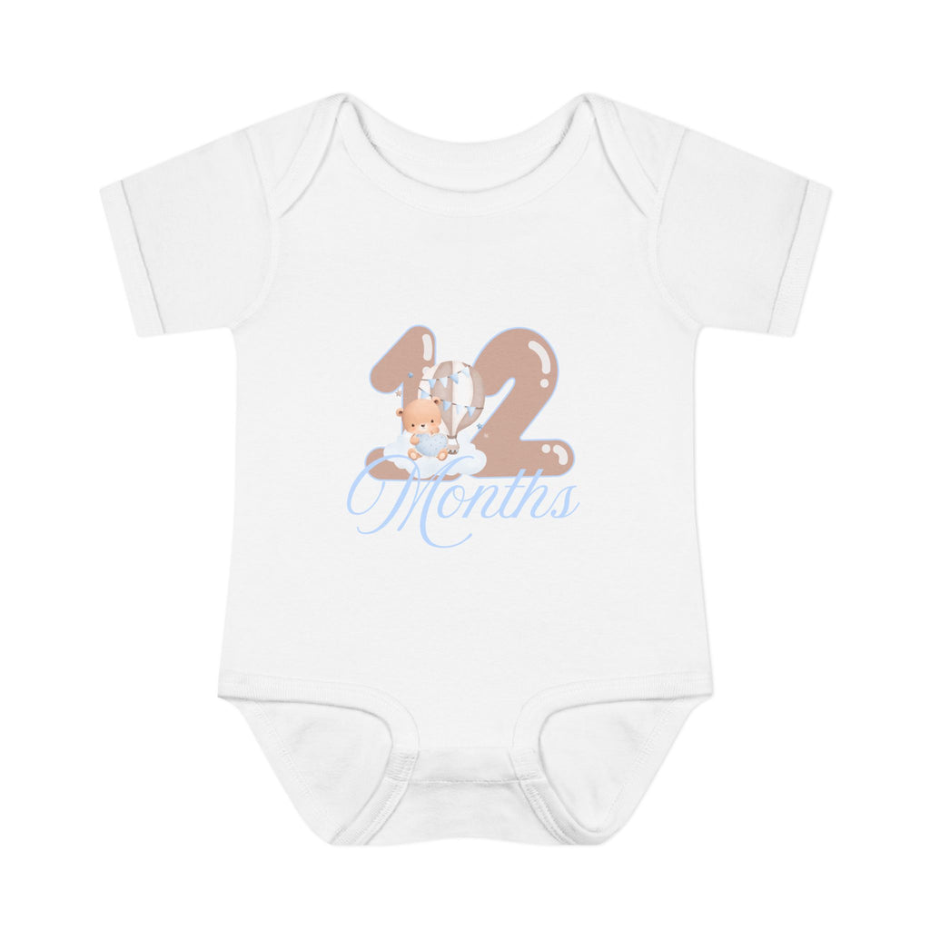 Bear & Balloons Milestone | Twelve Month Blue | Baby Onesie