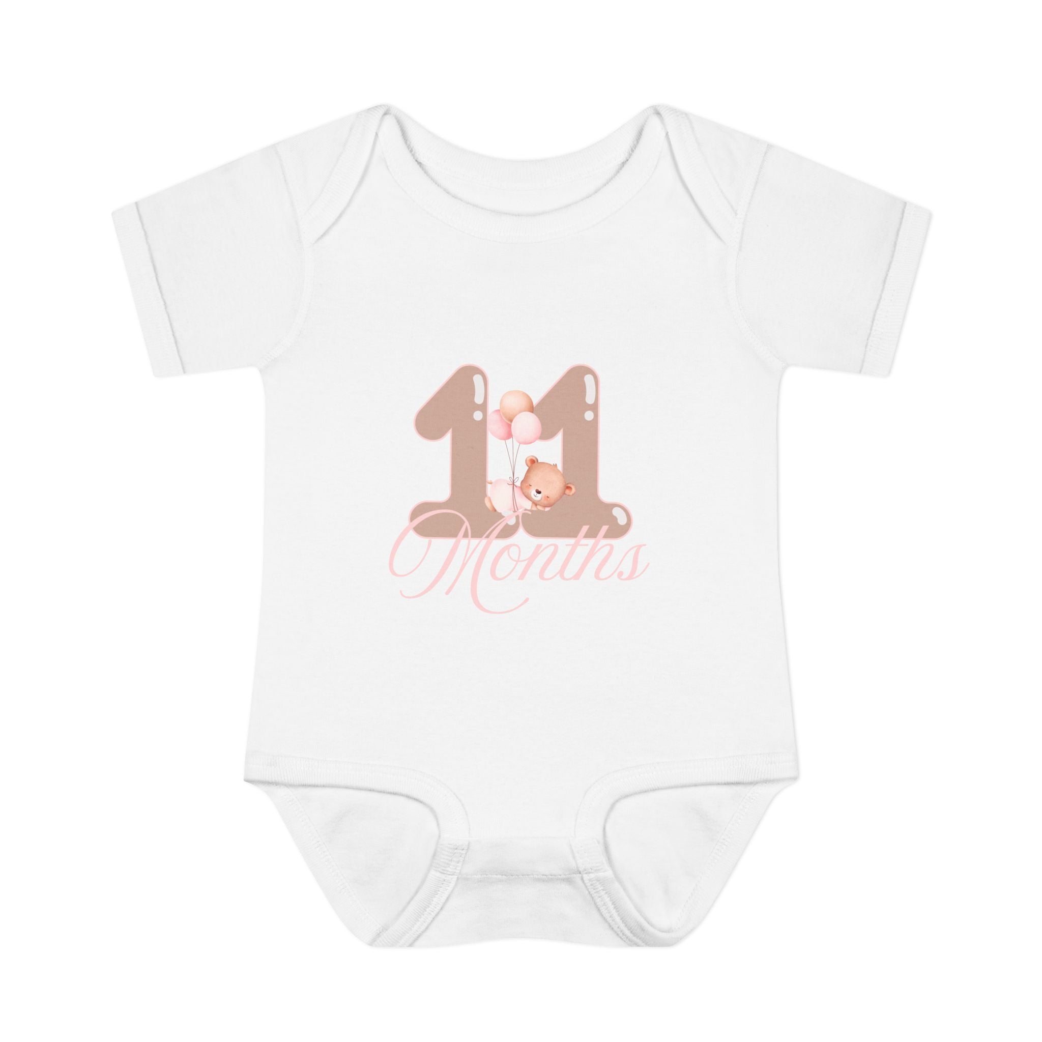 Bear & Balloons Milestone | Eleven Month Pink | Baby Onesie