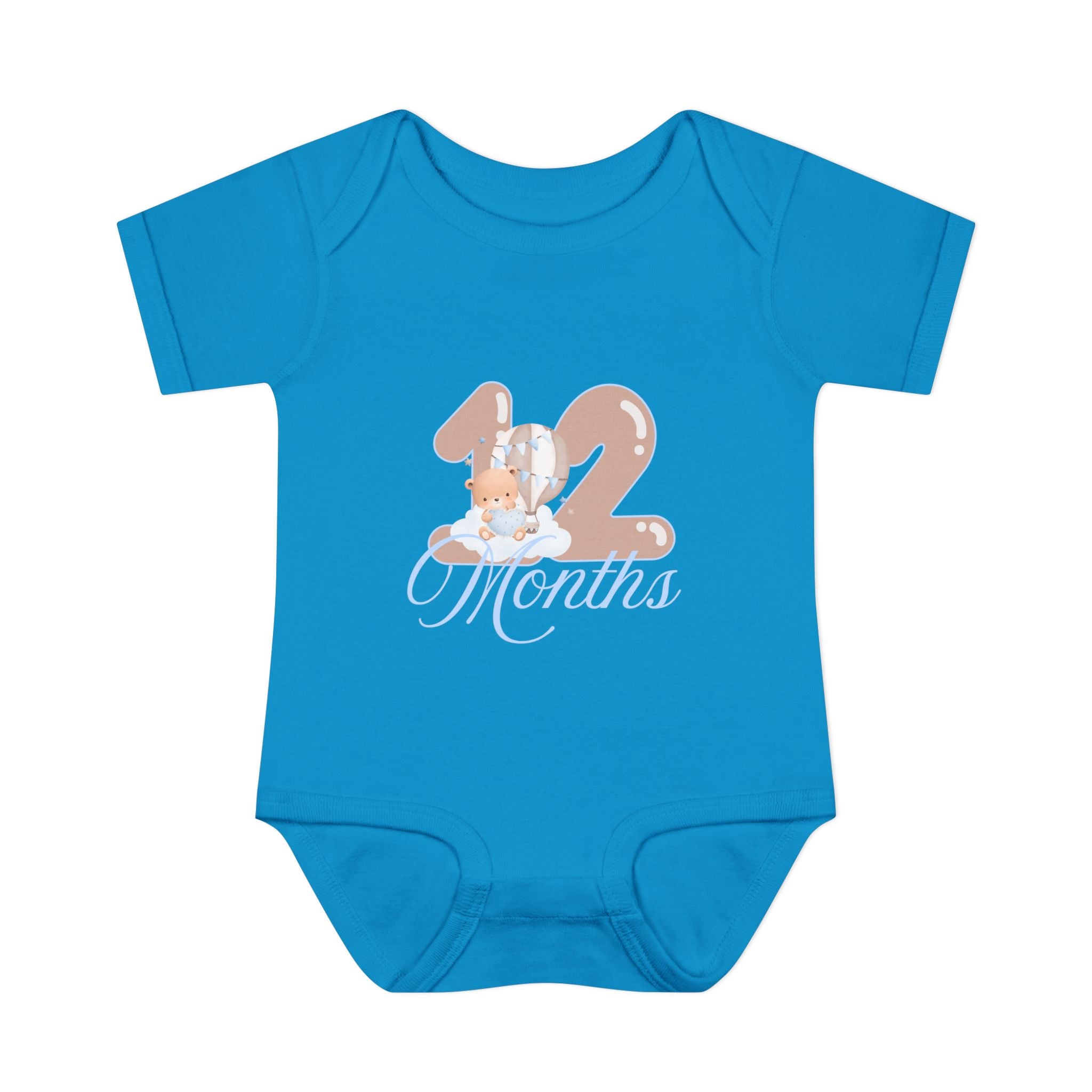 Bear & Balloons Milestone | Twelve Month Blue | Baby Onesie