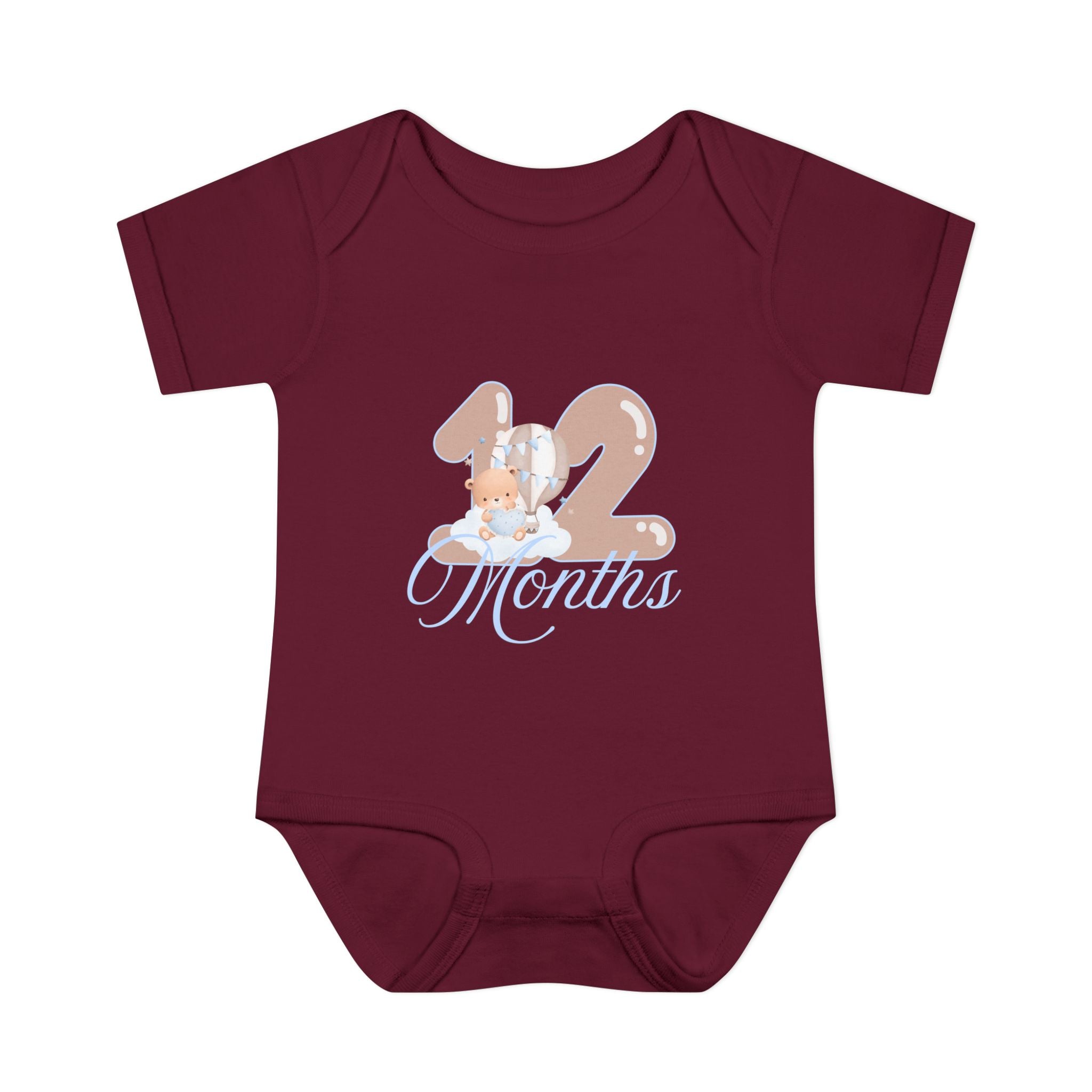 Bear & Balloons Milestone | Twelve Month Blue | Baby Onesie