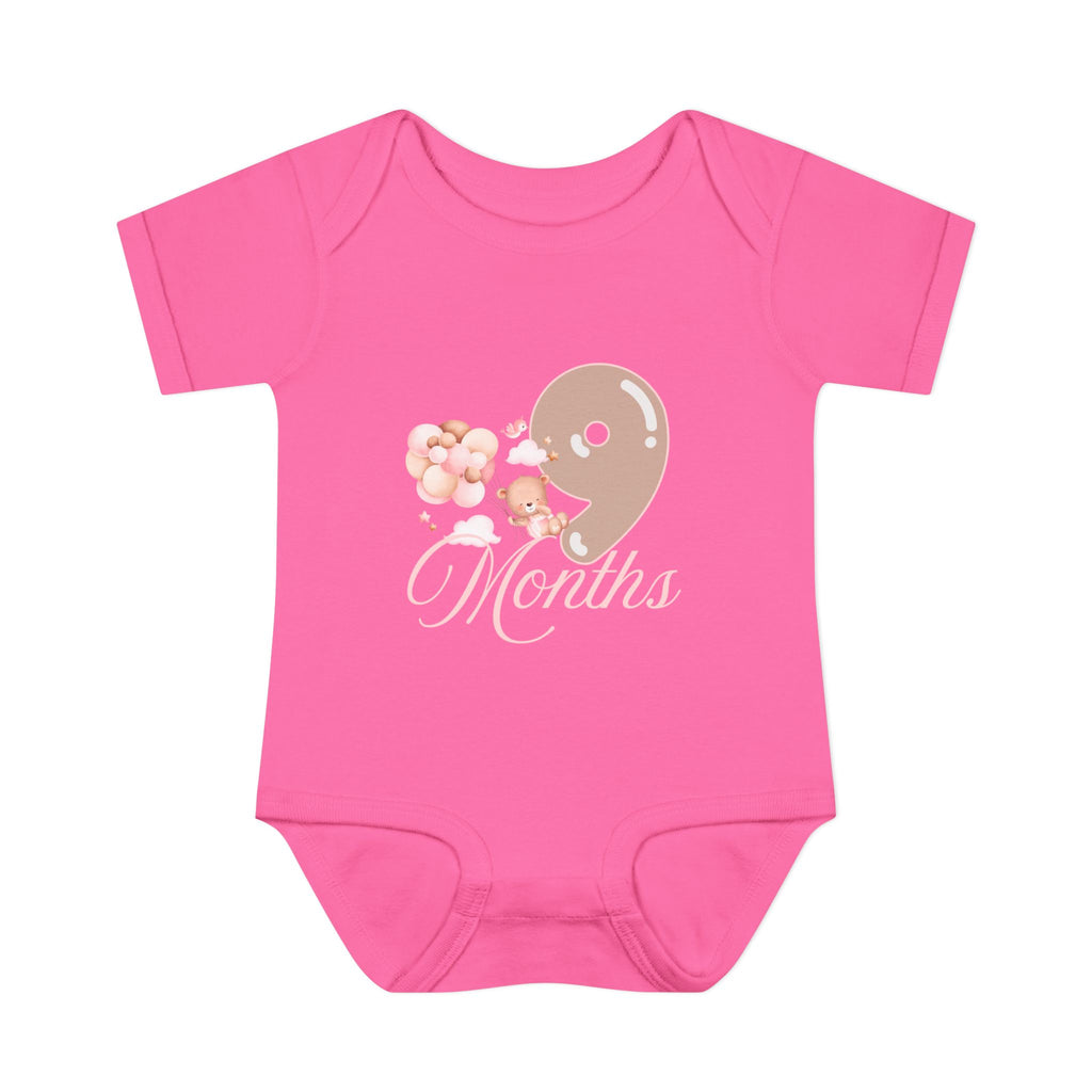 Bear & Balloons Milestone | Nine Month Pink | Baby Onesie