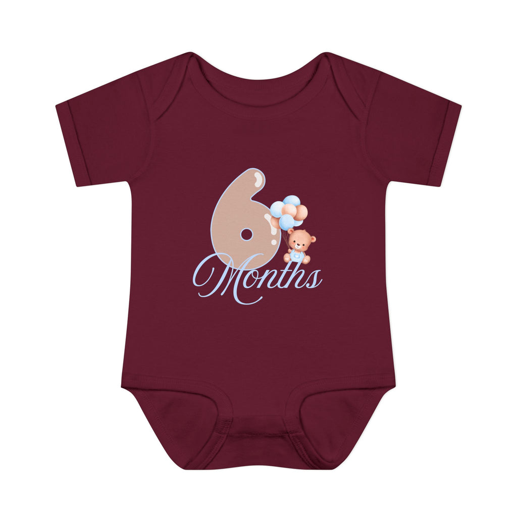 Bear & Balloons Milestone | Six Month Blue | Baby Onesie