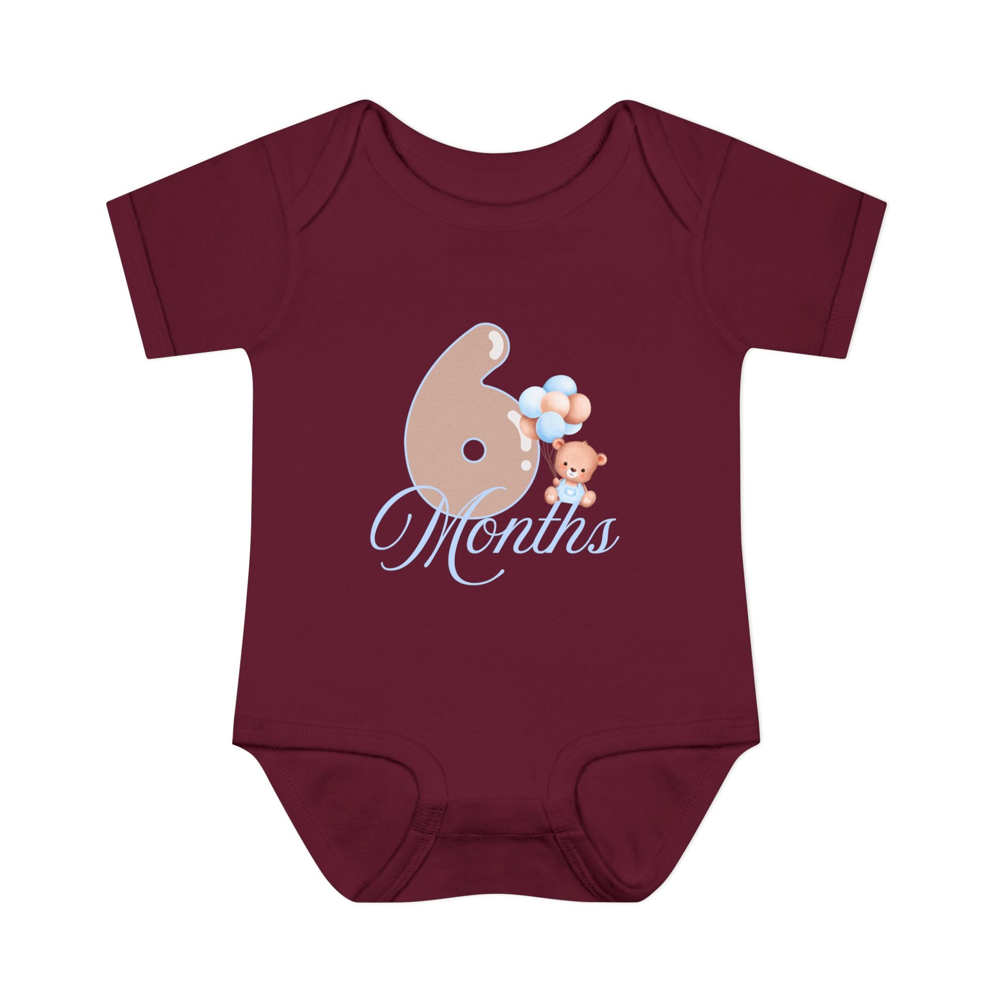Bear & Balloons Milestone | Six Month Blue | Baby Onesie
