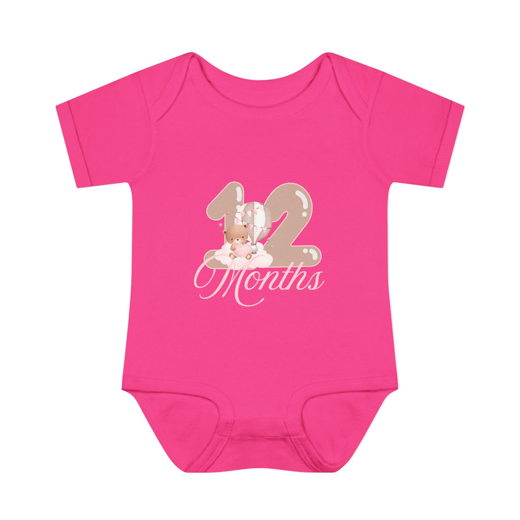 Bear & Balloons Milestone | Twelve Month Pink | Baby Onesie