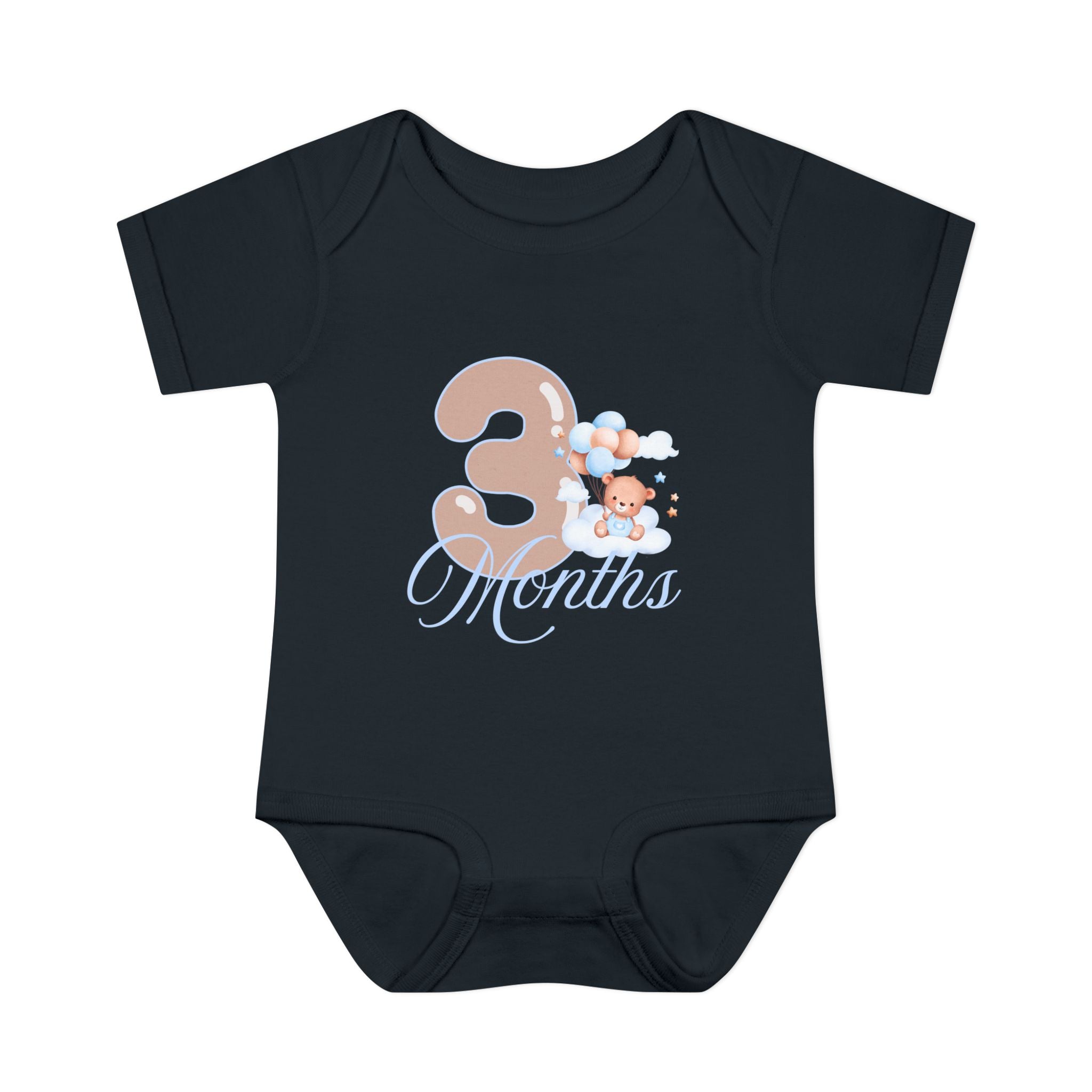 Bear & Balloons Milestone | Three Month Blue | Baby Onesie