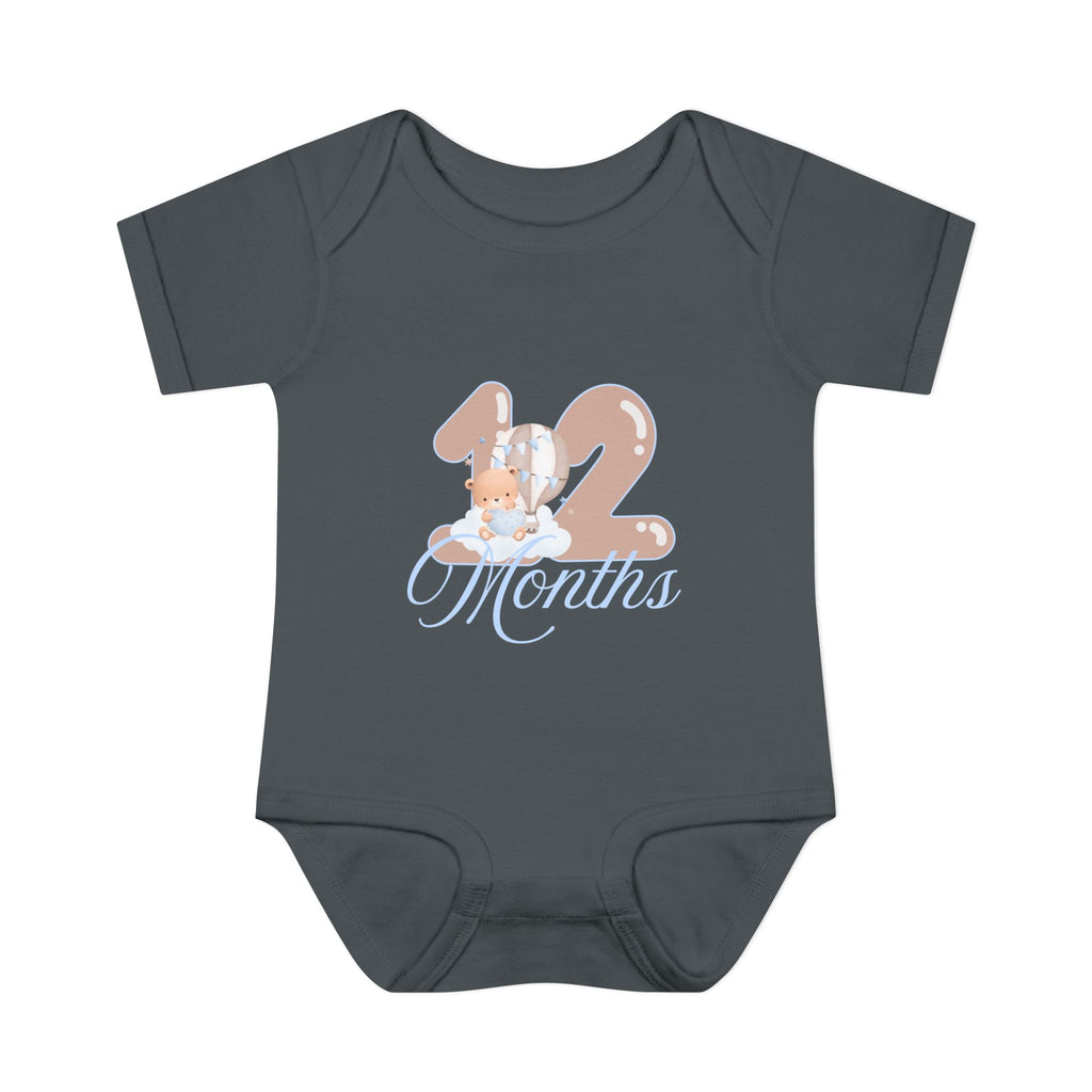 Bear & Balloons Milestone | Twelve Month Blue | Baby Onesie
