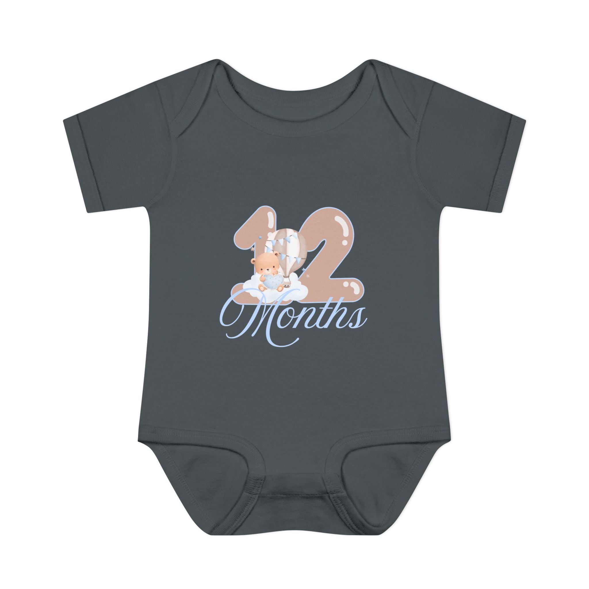 Bear & Balloons Milestone | Twelve Month Blue | Baby Onesie