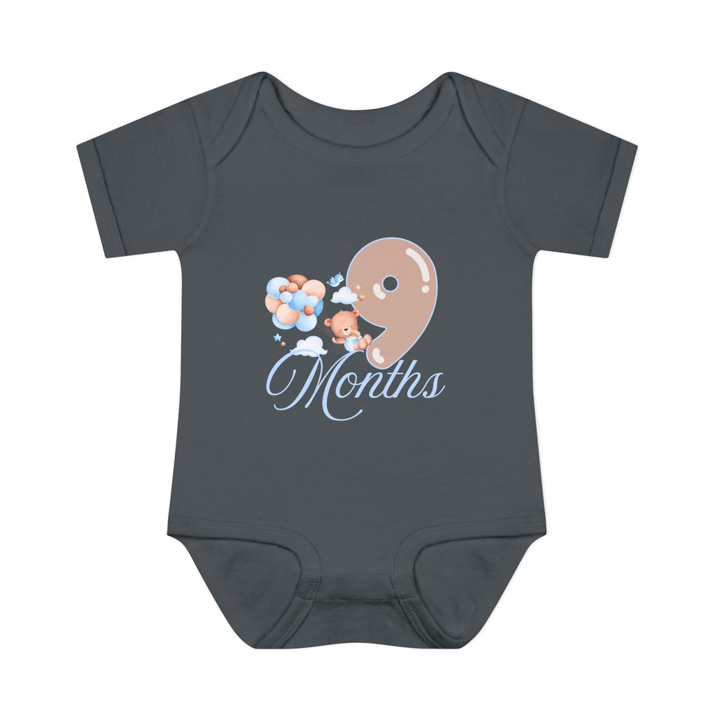 Bear & Balloons Milestone | Nine Month Blue | Baby Onesie
