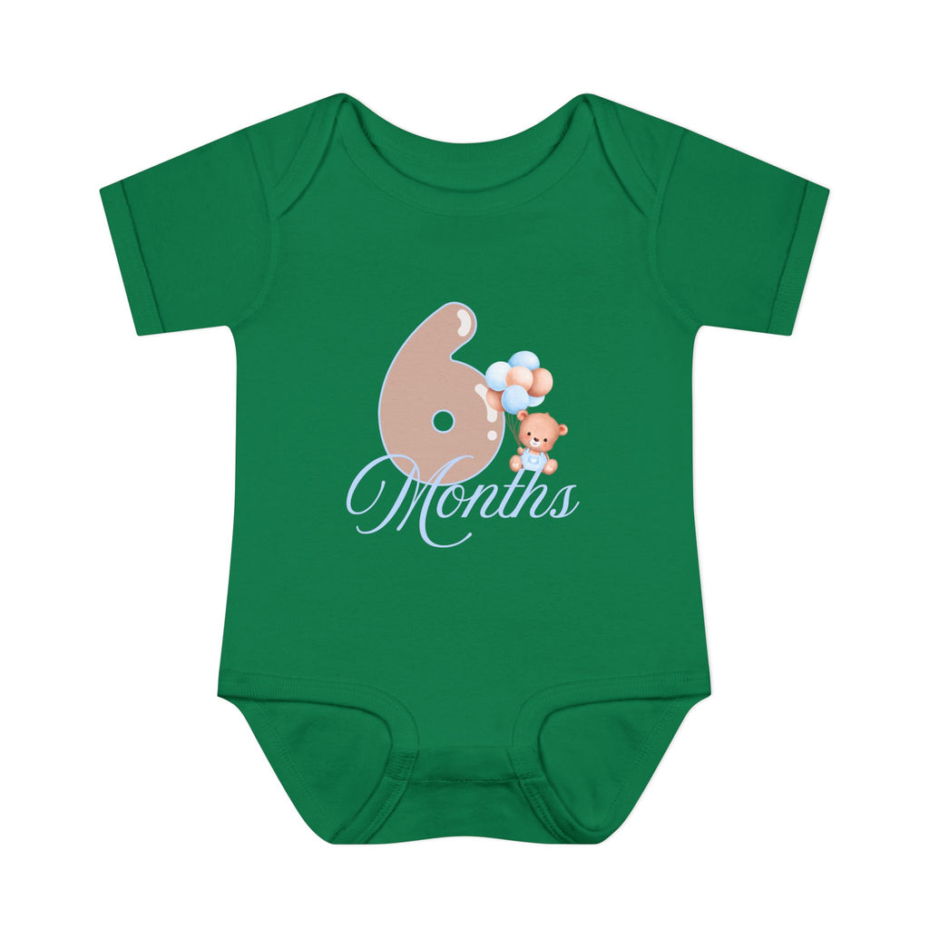 Bear & Balloons Milestone | Six Month Blue | Baby Onesie