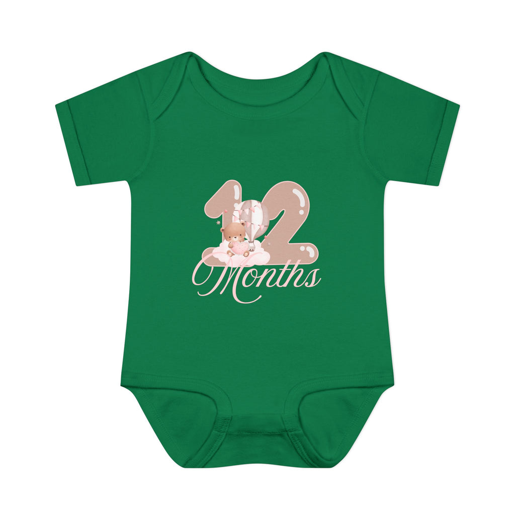 Bear & Balloons Milestone | Twelve Month Pink | Baby Onesie