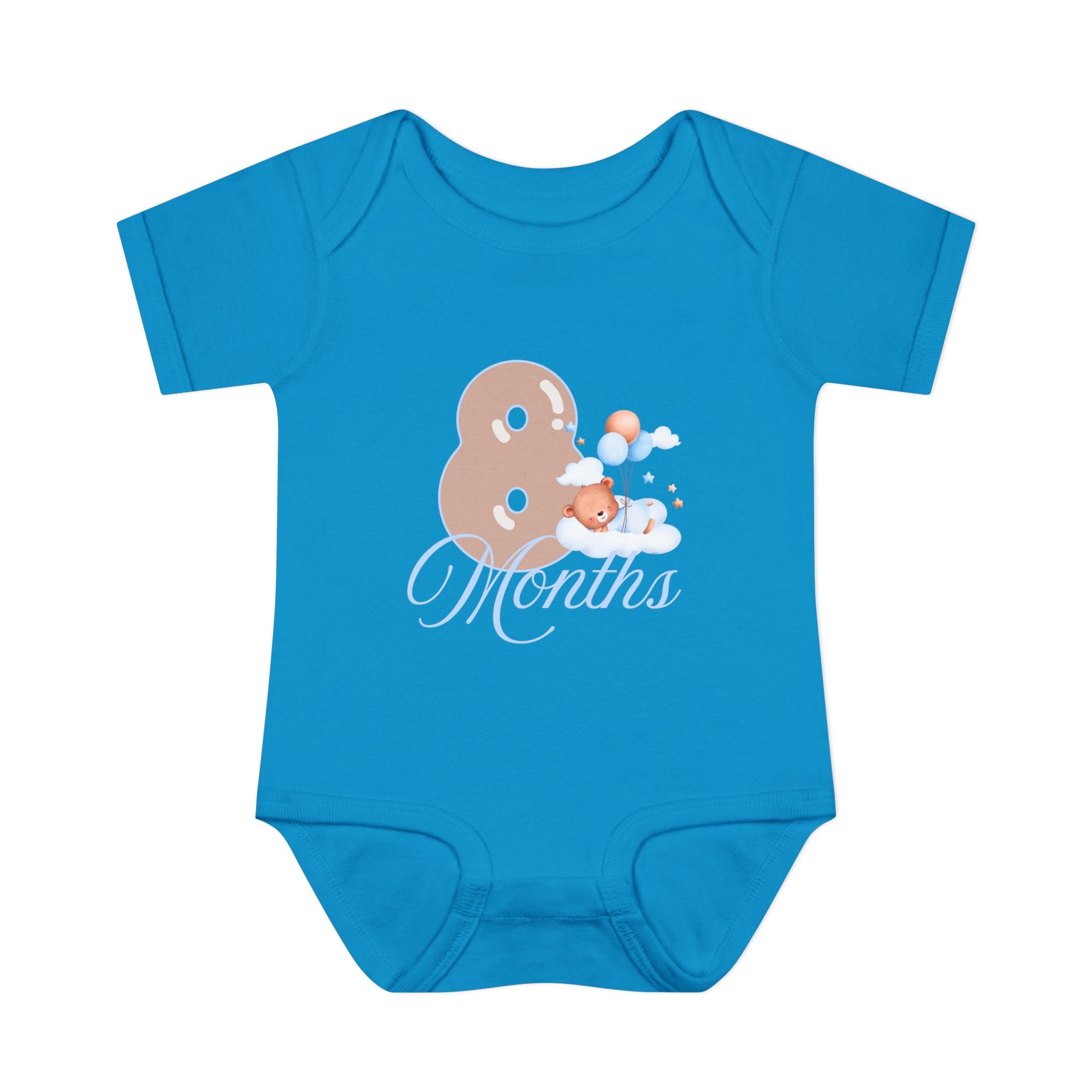 Bear & Balloons Milestone | Eight Month Blue | Baby Onesie