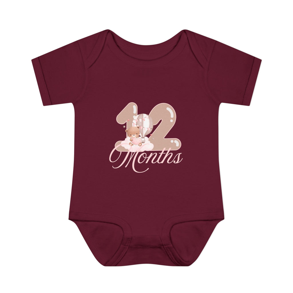 Bear & Balloons Milestone | Twelve Month Pink | Baby Onesie