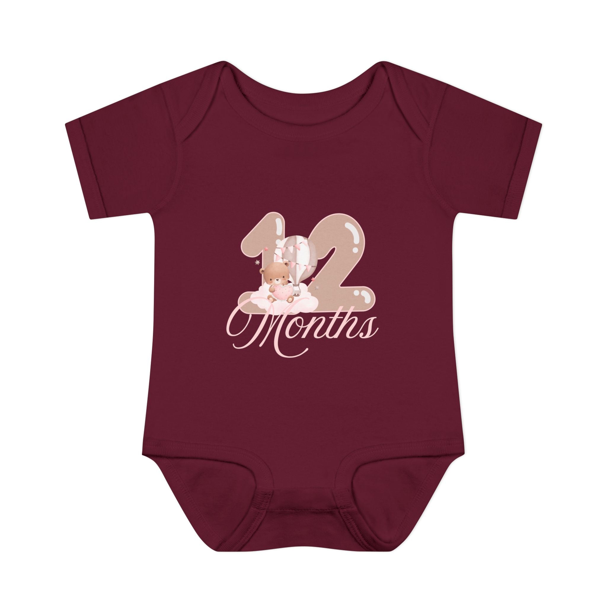 Bear & Balloons Milestone | Twelve Month Pink | Baby Onesie