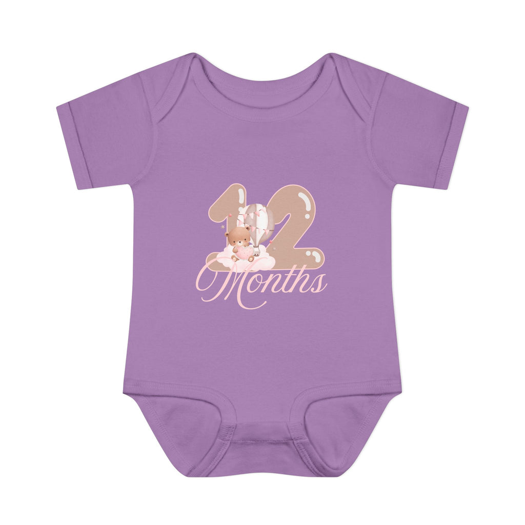 Bear & Balloons Milestone | Twelve Month Pink | Baby Onesie