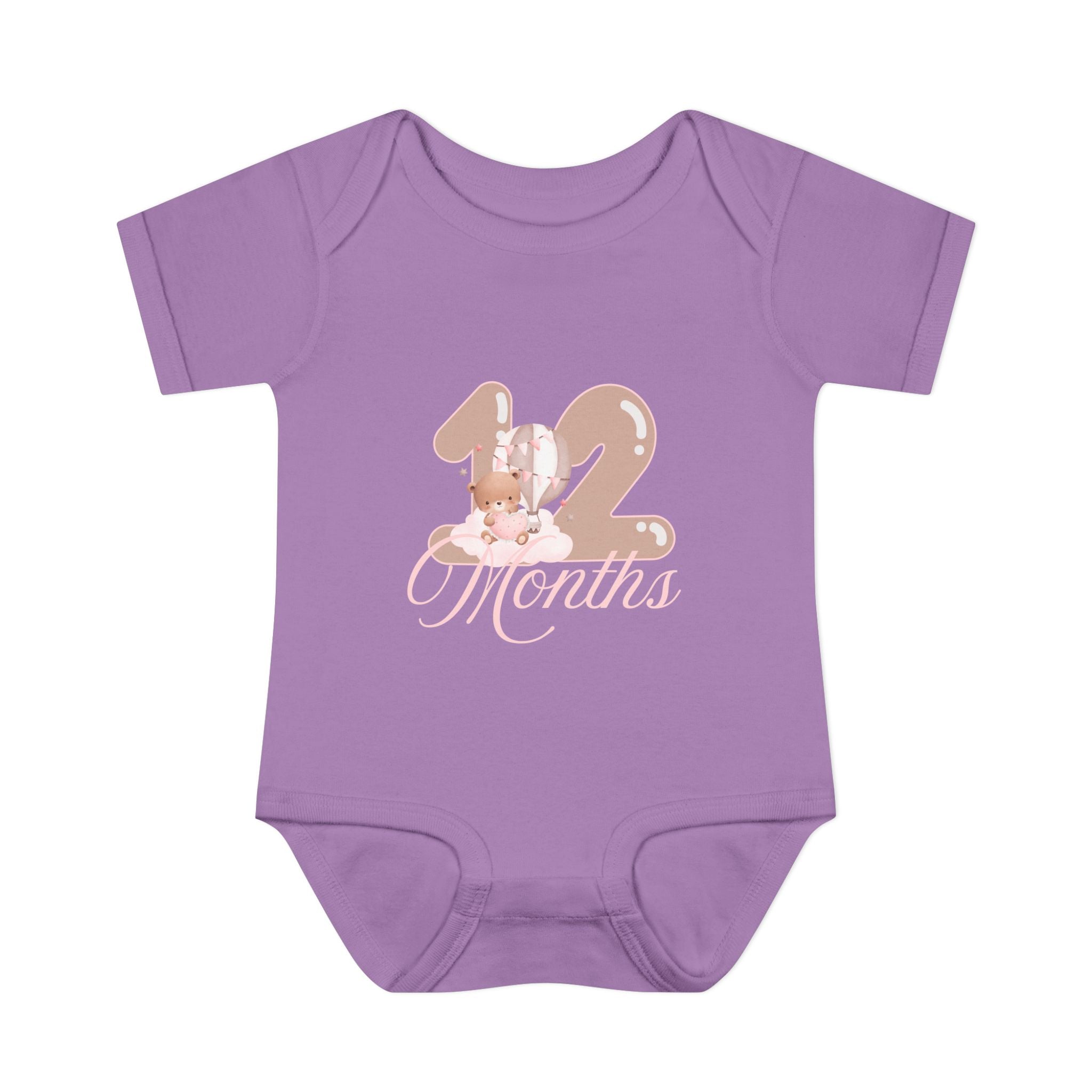 Bear & Balloons Milestone | Twelve Month Pink | Baby Onesie