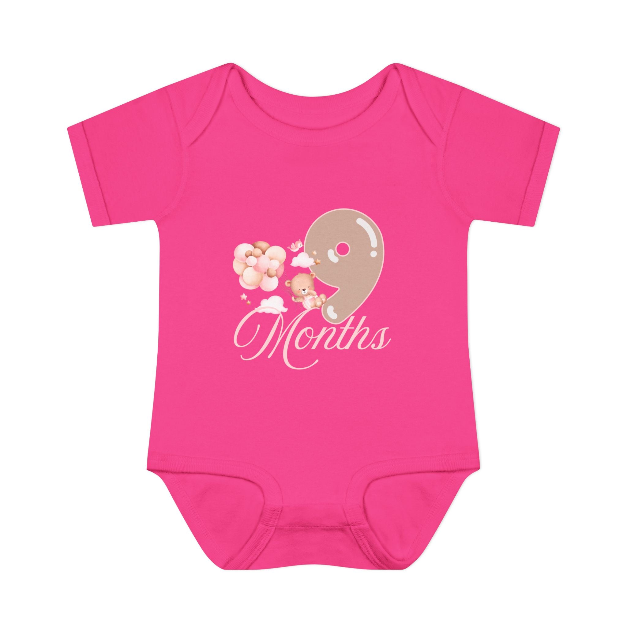 Bear & Balloons Milestone | Nine Month Pink | Baby Onesie