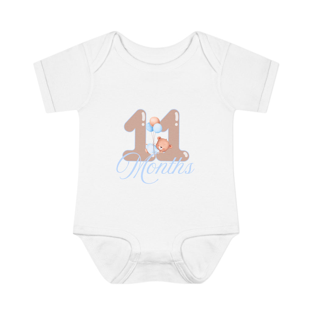 Bear & Balloons Milestone | Eleven Month Blue | Baby Onesie