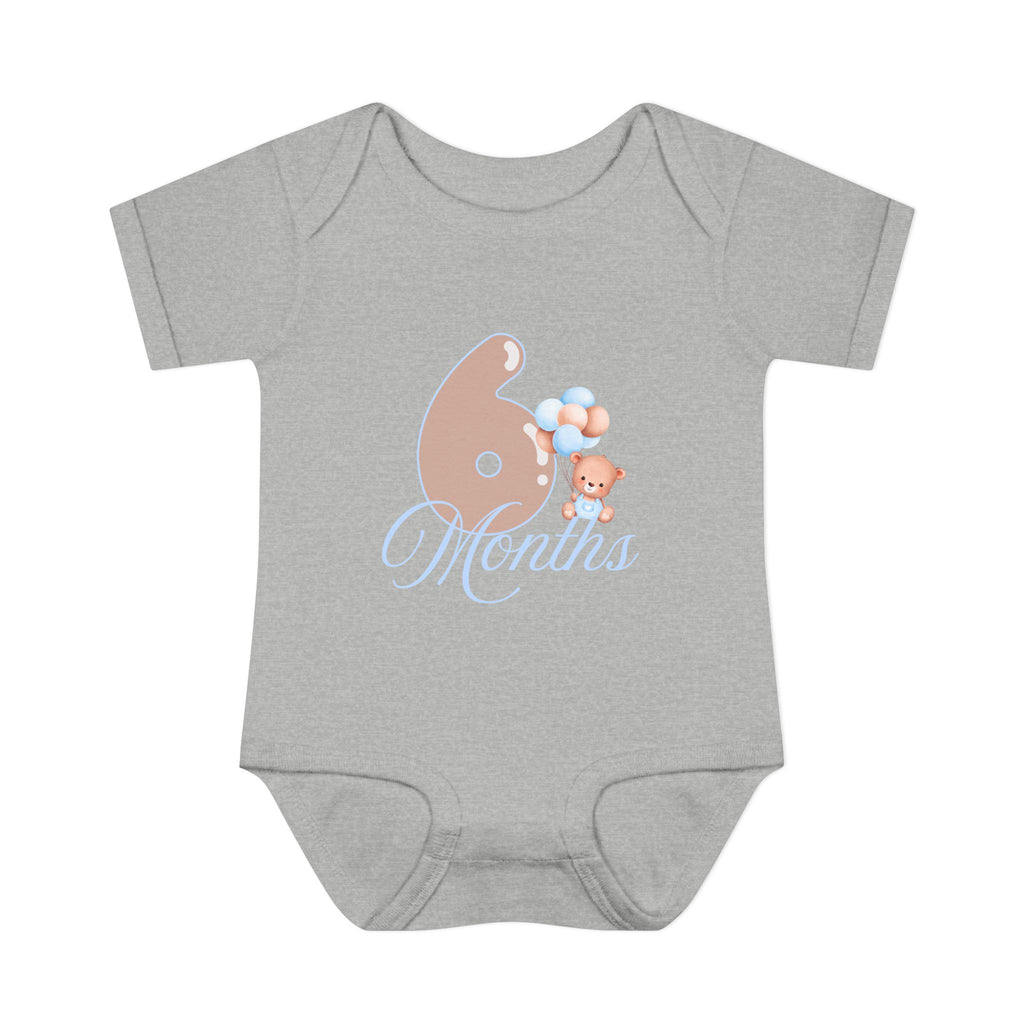 Bear & Balloons Milestone | Six Month Blue | Baby Onesie