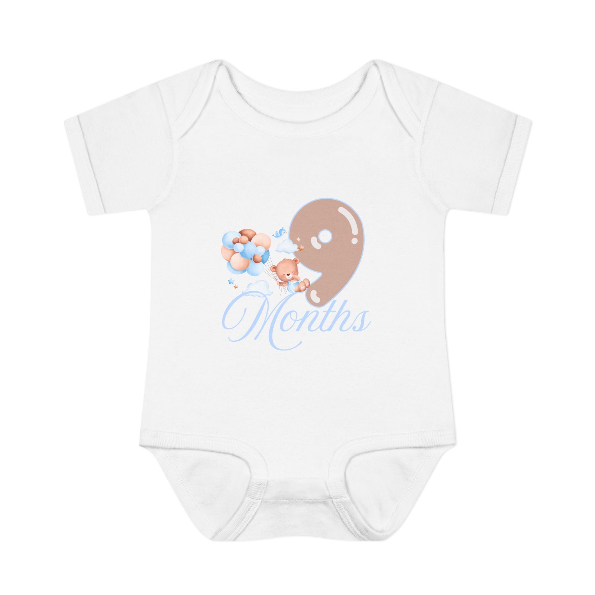 Bear & Balloons Milestone | Nine Month Blue | Baby Onesie