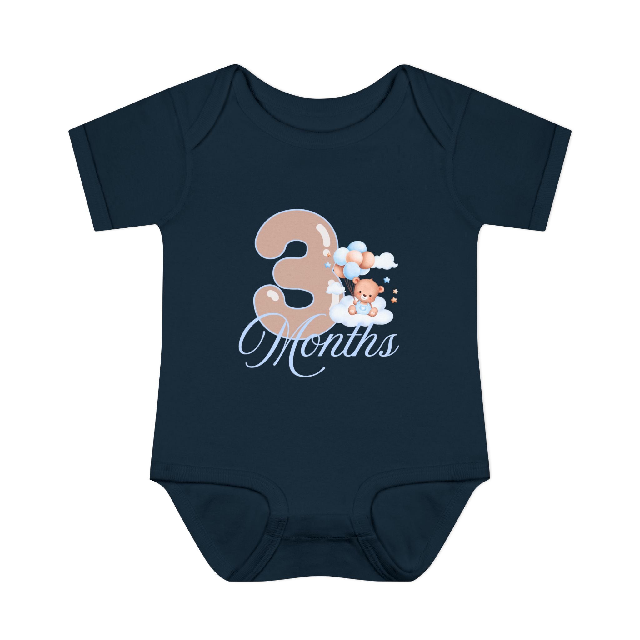 Bear & Balloons Milestone | Three Month Blue | Baby Onesie